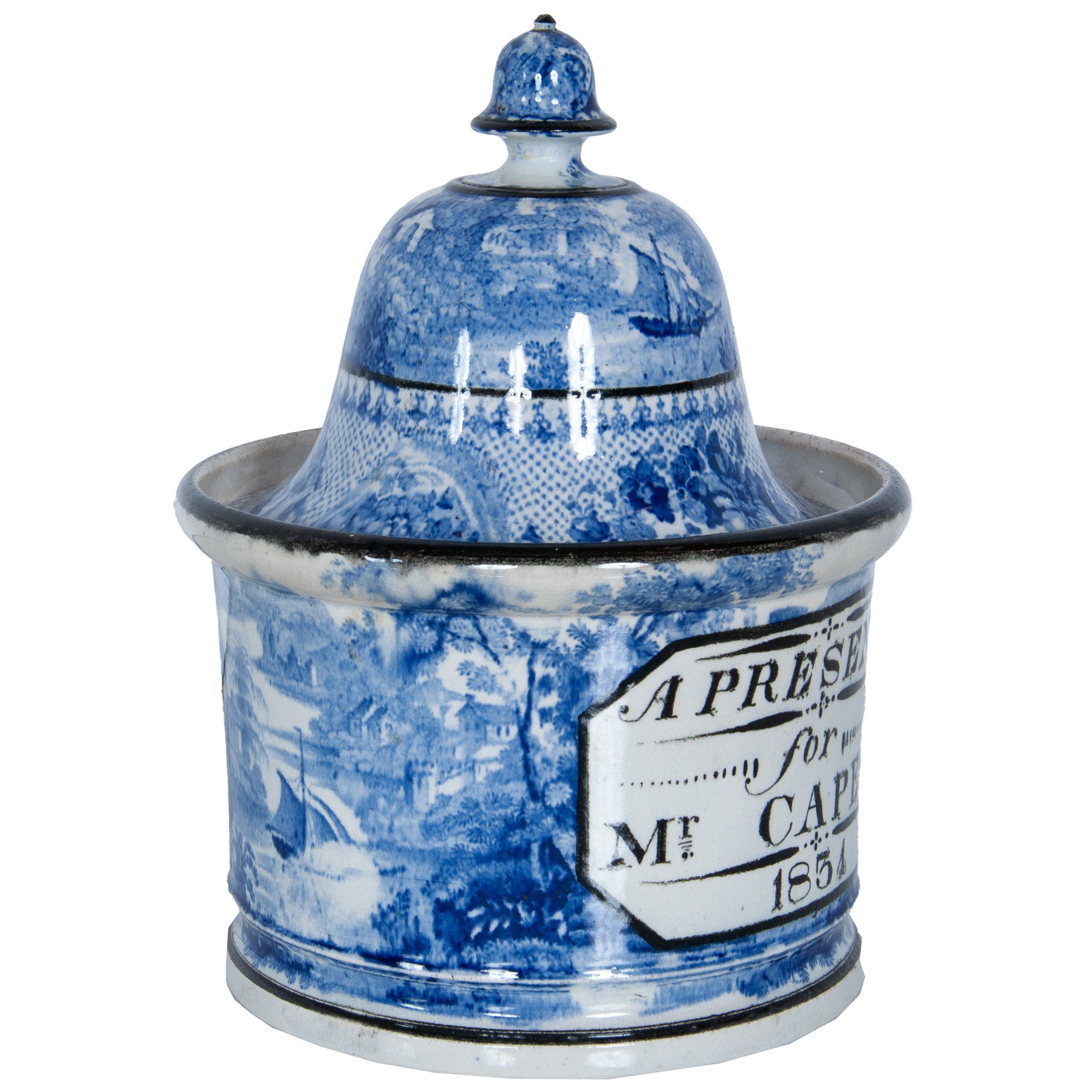 Antique Blue & White Pearlware Pottery Humidor 