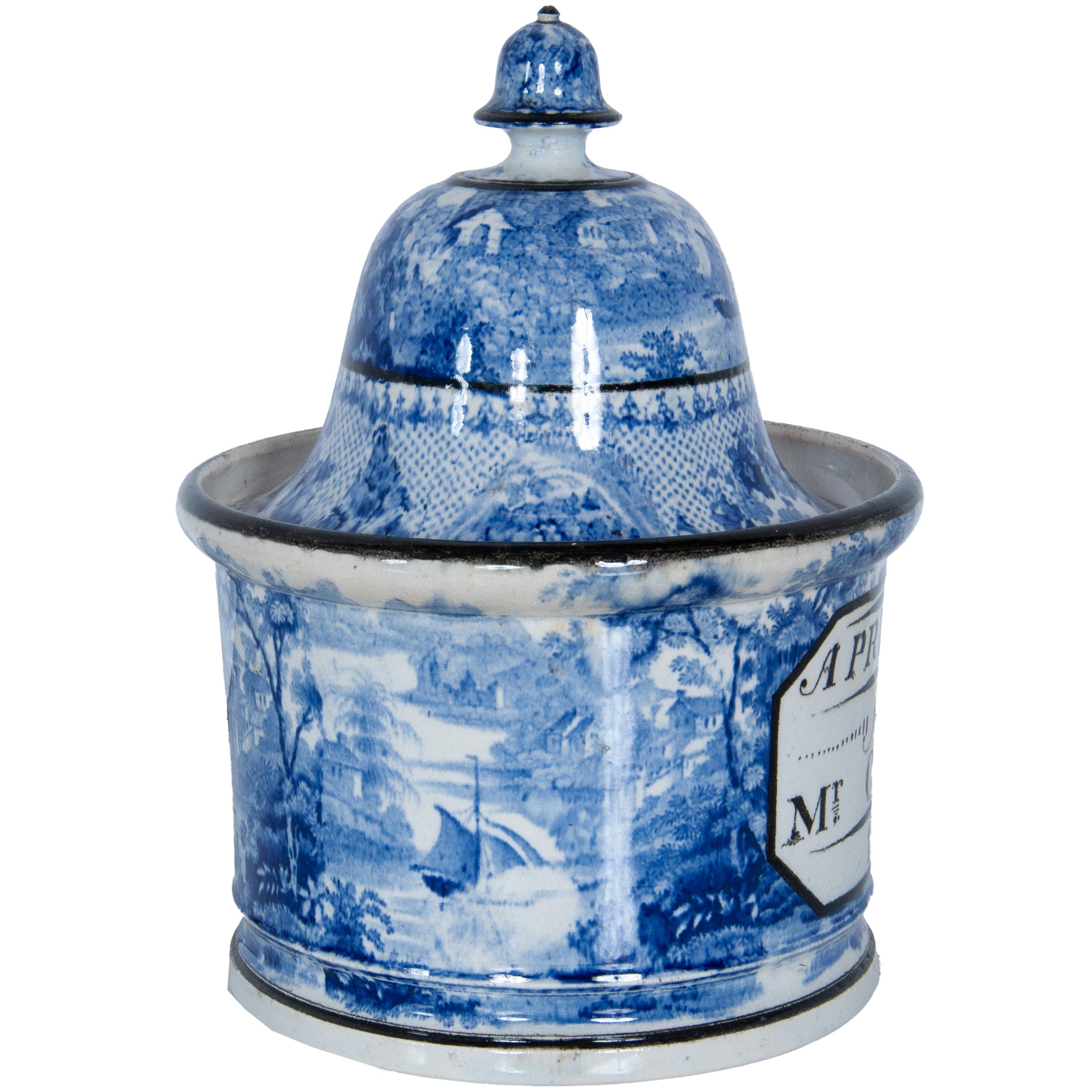 Antique Blue & White Pearlware Pottery Humidor 