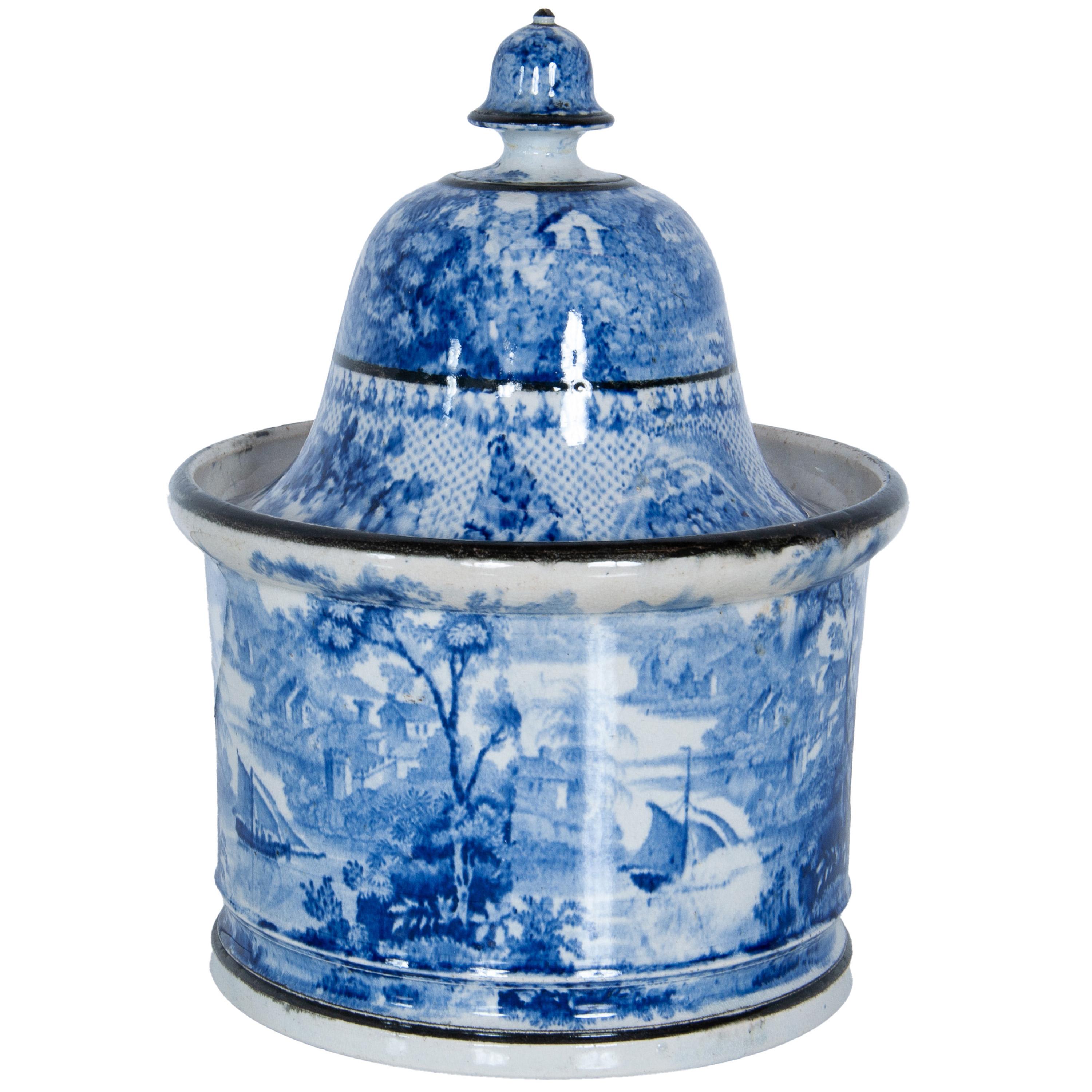Antique Blue & White Pearlware Pottery Humidor 