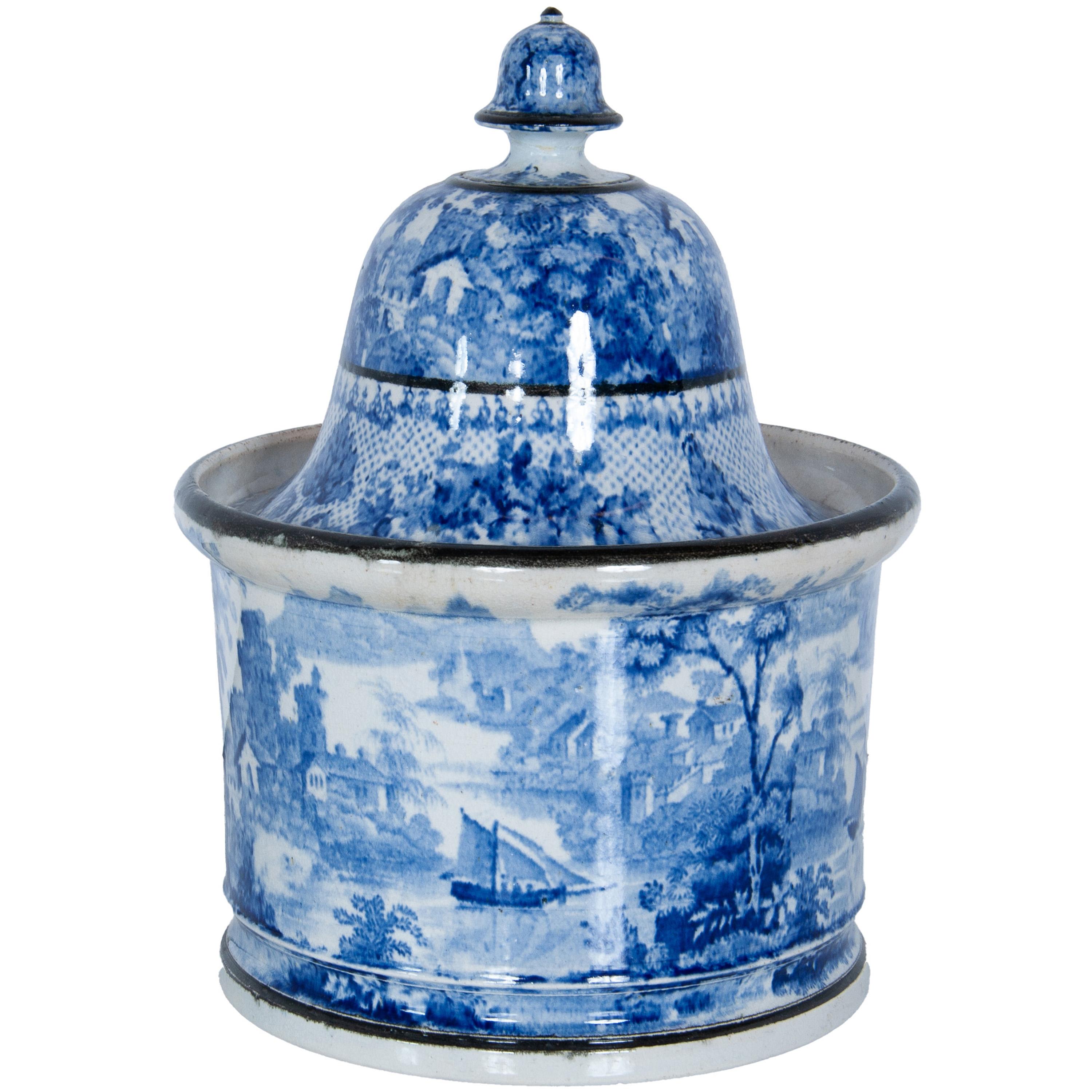 Antique Blue & White Pearlware Pottery Humidor 