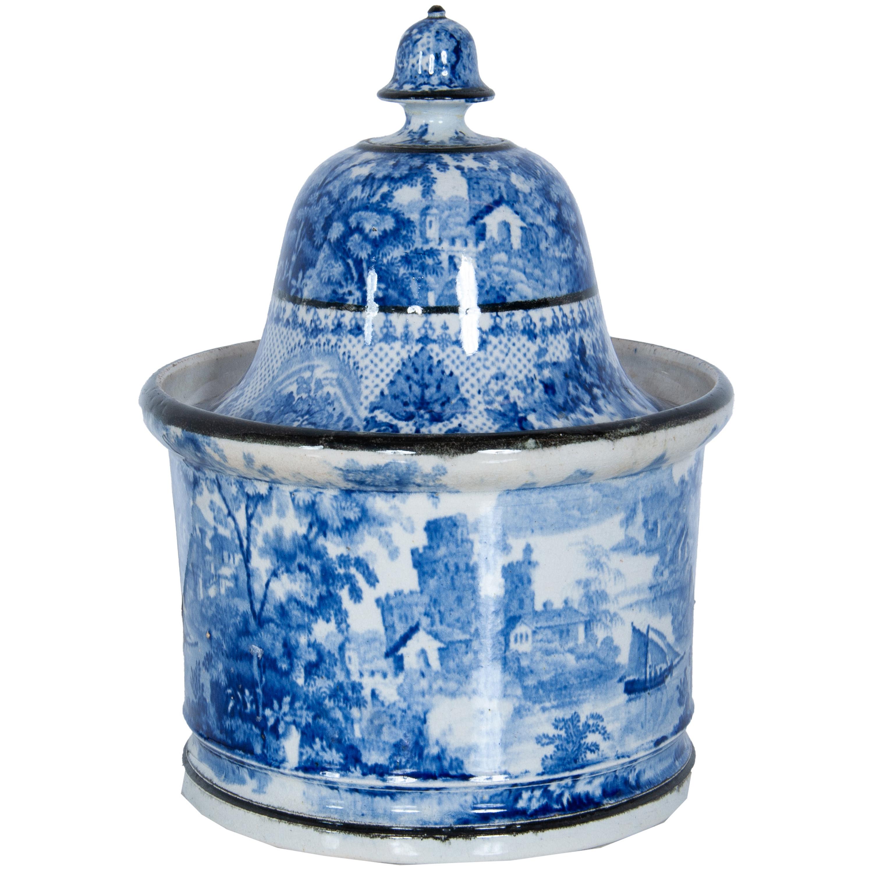Antique Blue & White Pearlware Pottery Humidor 