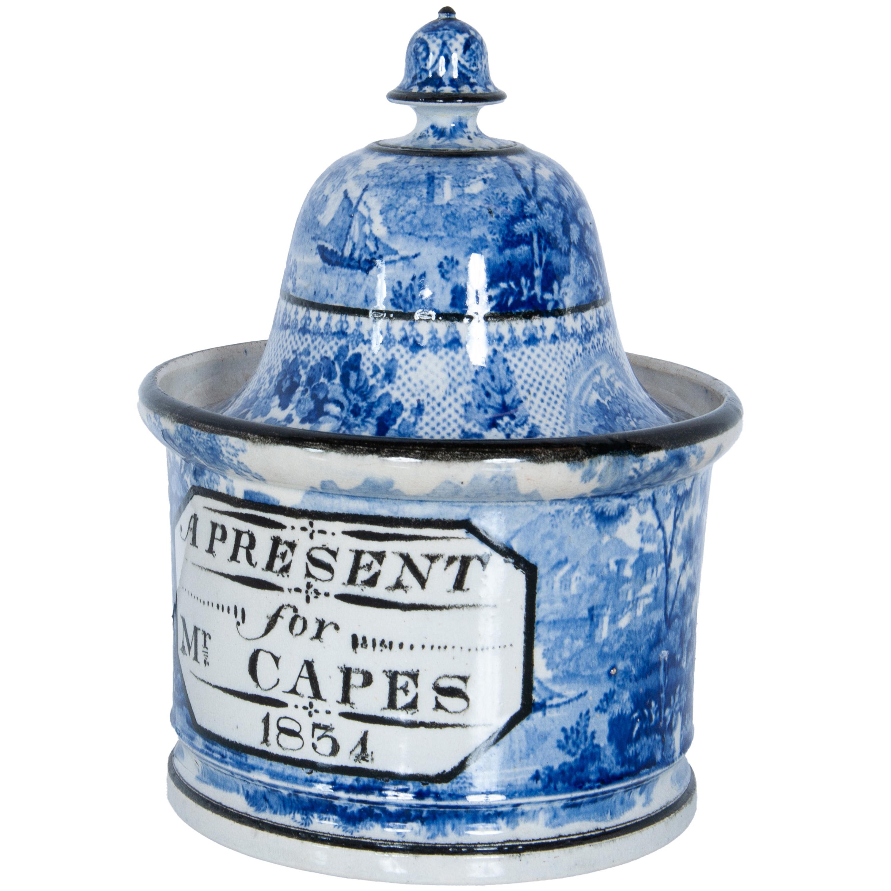 Antique Blue & White Pearlware Pottery Humidor 