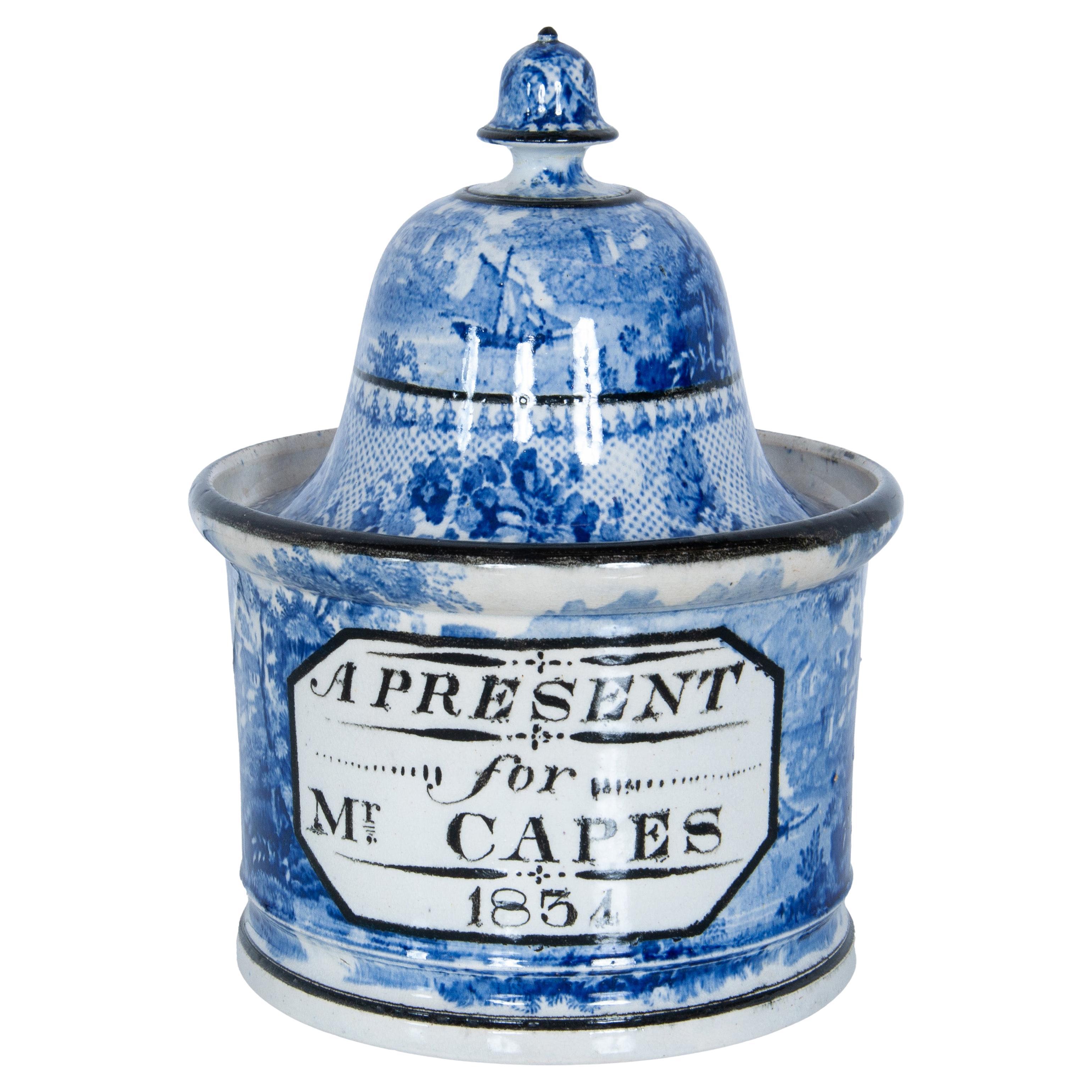 Antique Blue & White Pearlware Pottery Humidor "A Present for Mr. Capes 1834" en venta