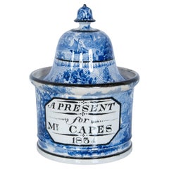 Antique Blue & White Pearlware Pottery Humidor "A Present for Mr. Capes 1834"