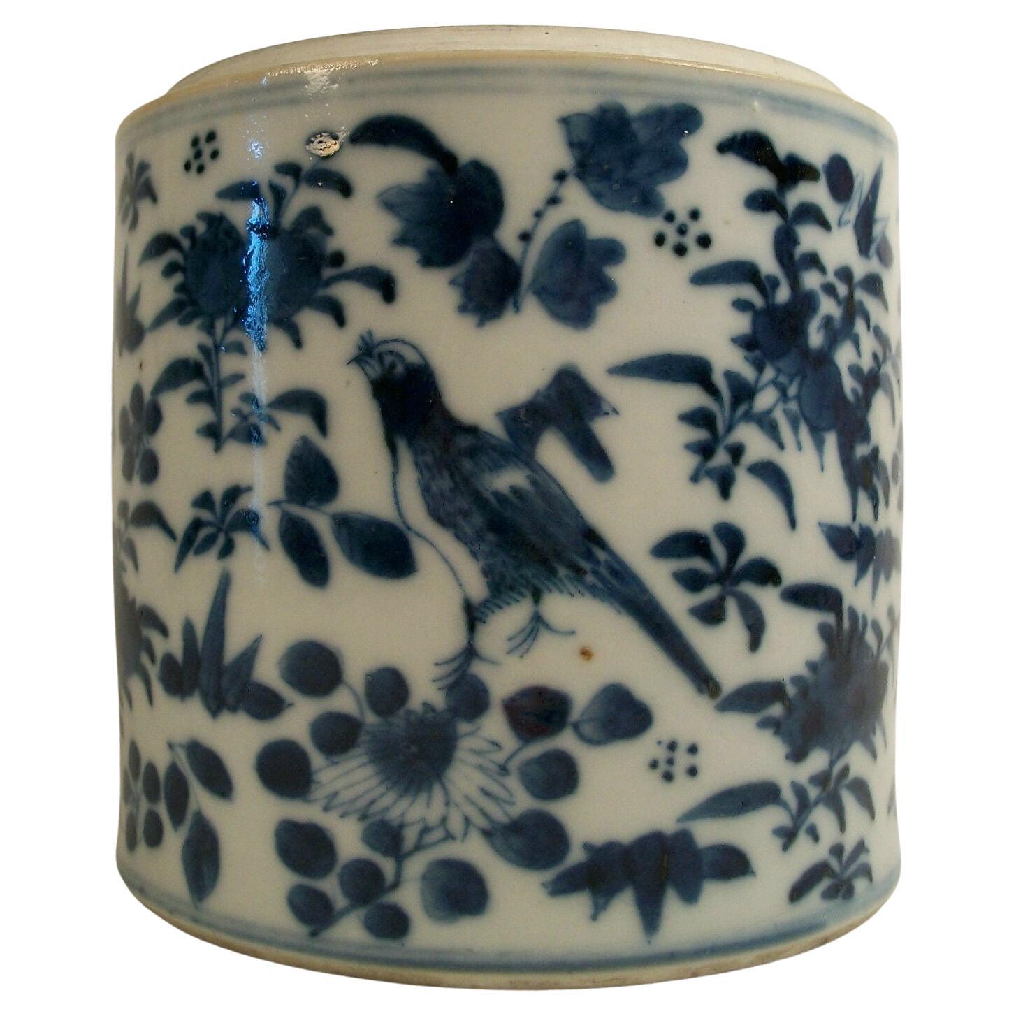 Antique Blue & White Porcelain Tea Caddy, Hand Painted, China, 19th Century For Sale