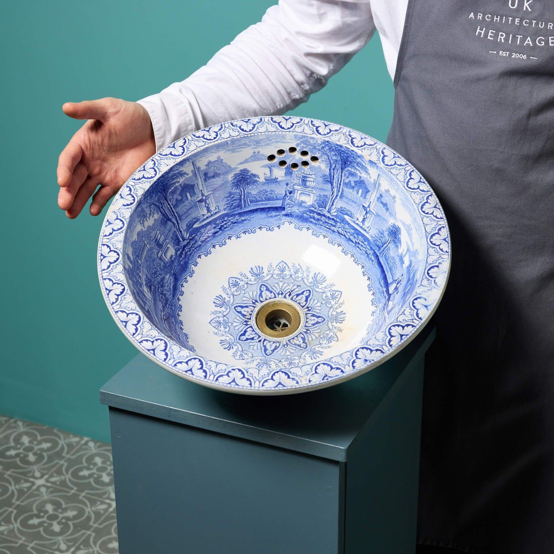 An elegant antique blue and white transfer print bowl sink dating from circa 1880. It is a beautiful basin for a vintage ensuite or period bathroom, suitable for positioning sunk into a counter or mounted on a surface.

Over 140 years old, this sink