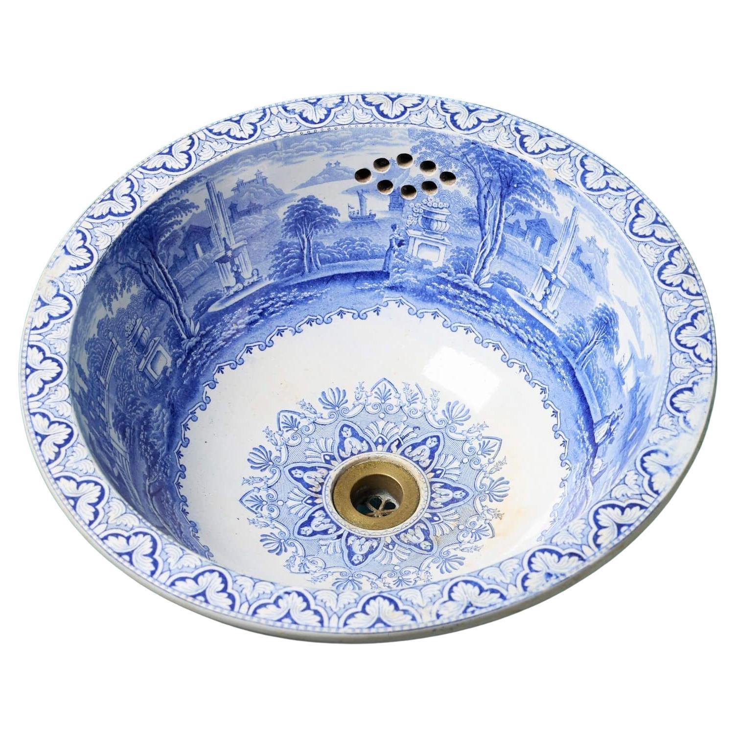 Antique Blue & White Transfer Print Bowl Sink For Sale