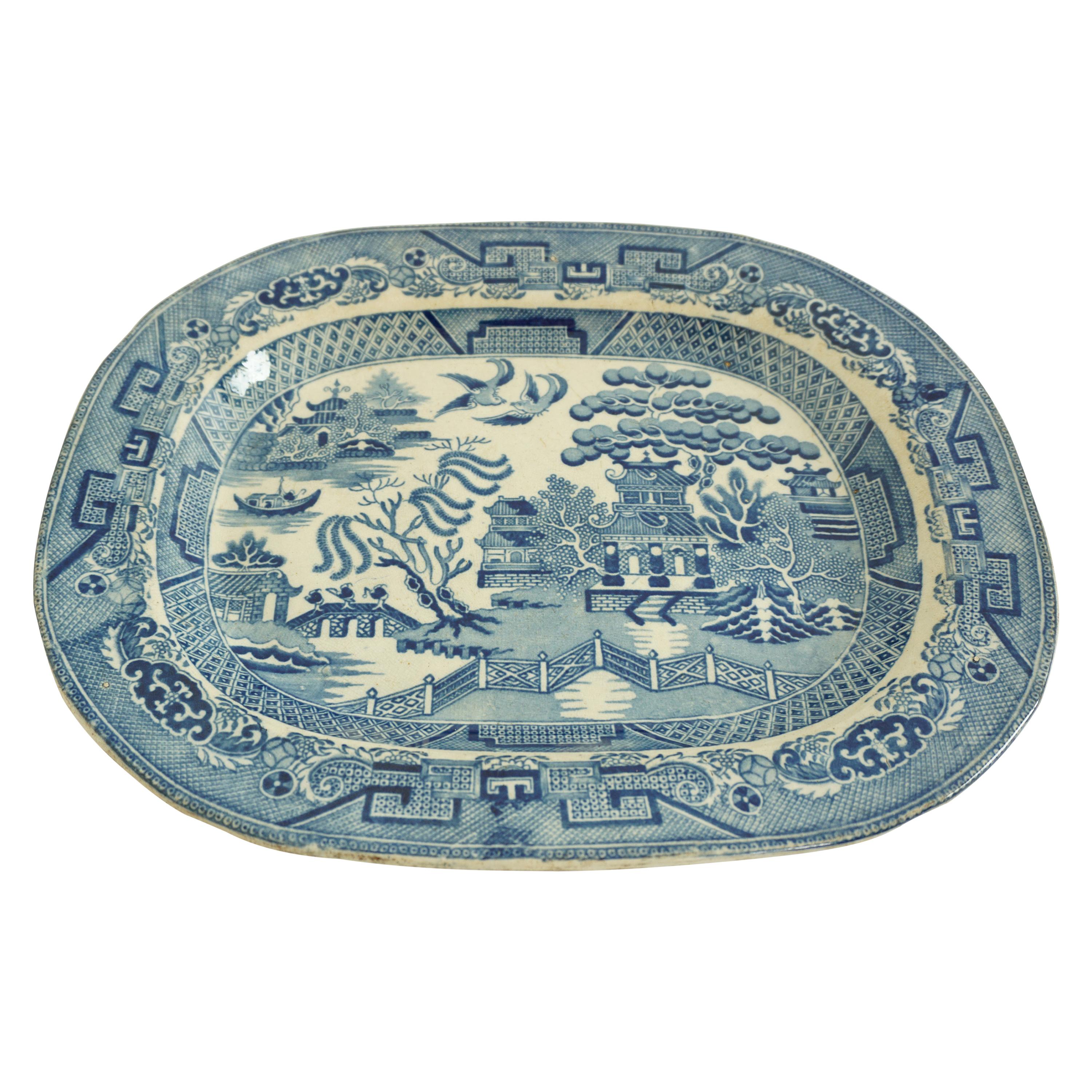 Antique Blue Willow Platter Transfer ware Pottery, England, Circa 1840, 1964