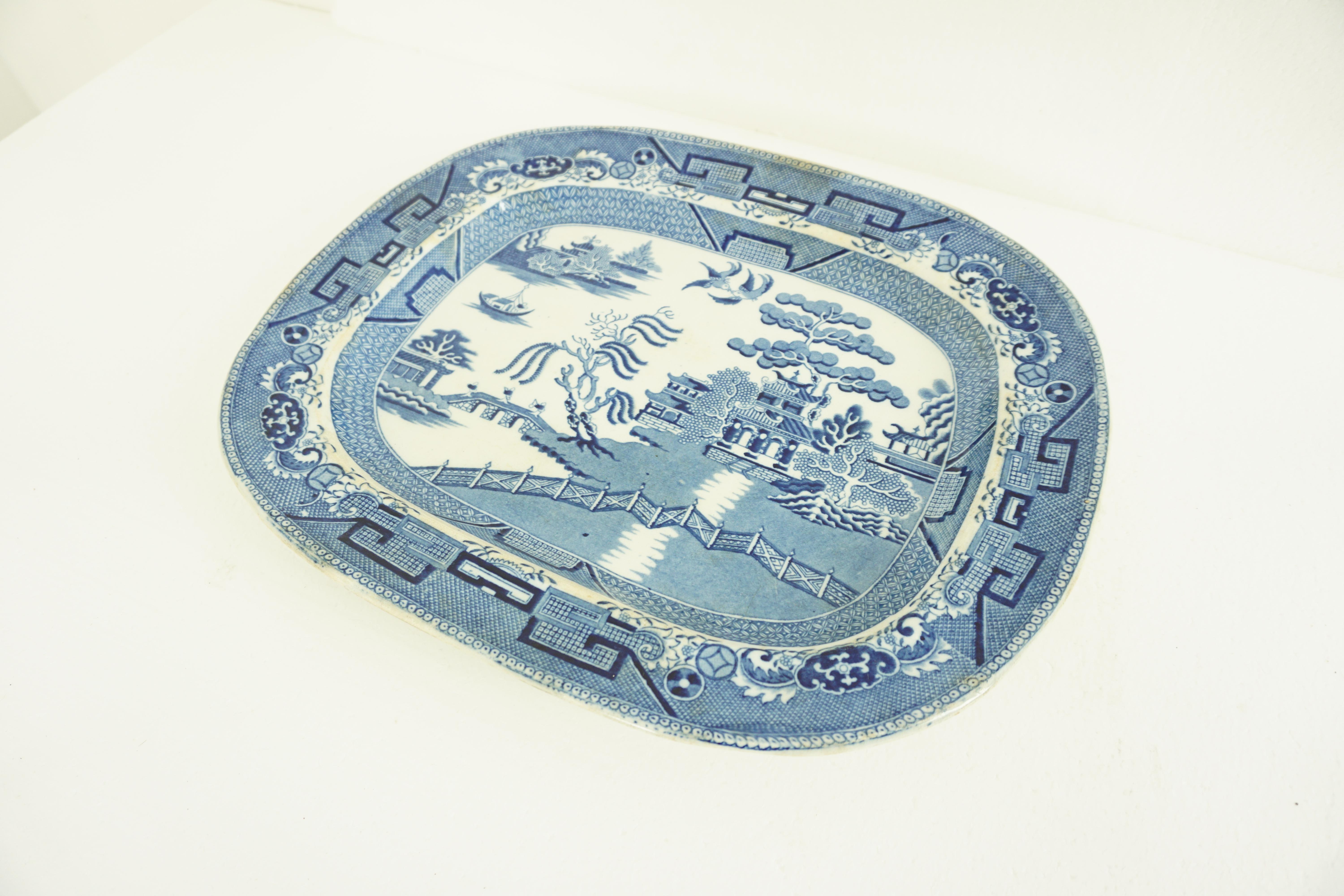 Antique blue willow platter transferware pottery, Scotland circa 1840, 1965

England

circa 1840
Willow pattern design
Large size
In good condition
No chips, cracks or restoration

$225

1965

Measures: 18