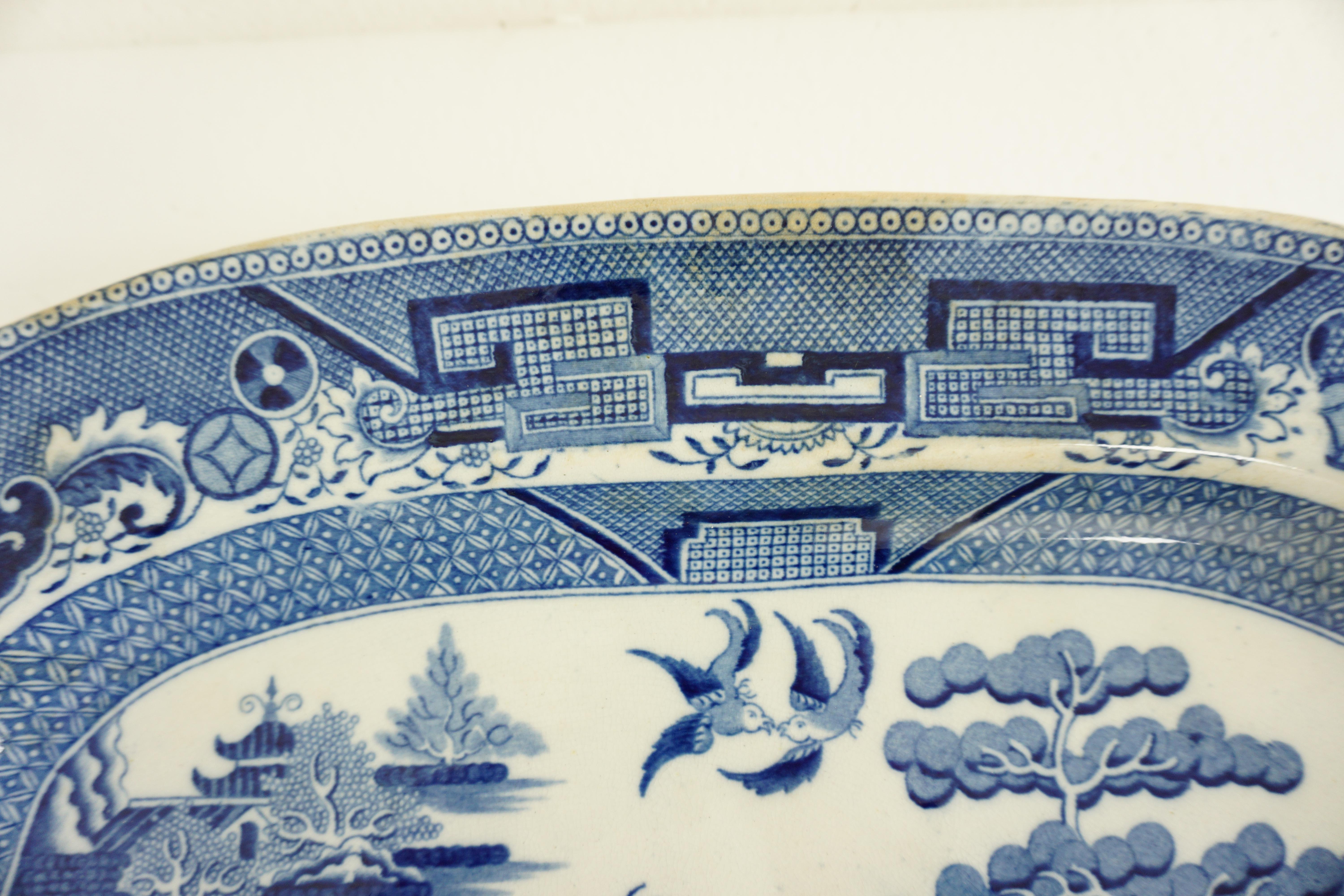 English Antique Blue Willow Platter Transferware Pottery, England, circa 1840, 1965