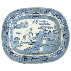 Antique Blue Willow Platter Transferware Pottery, England, circa 1840, 1965