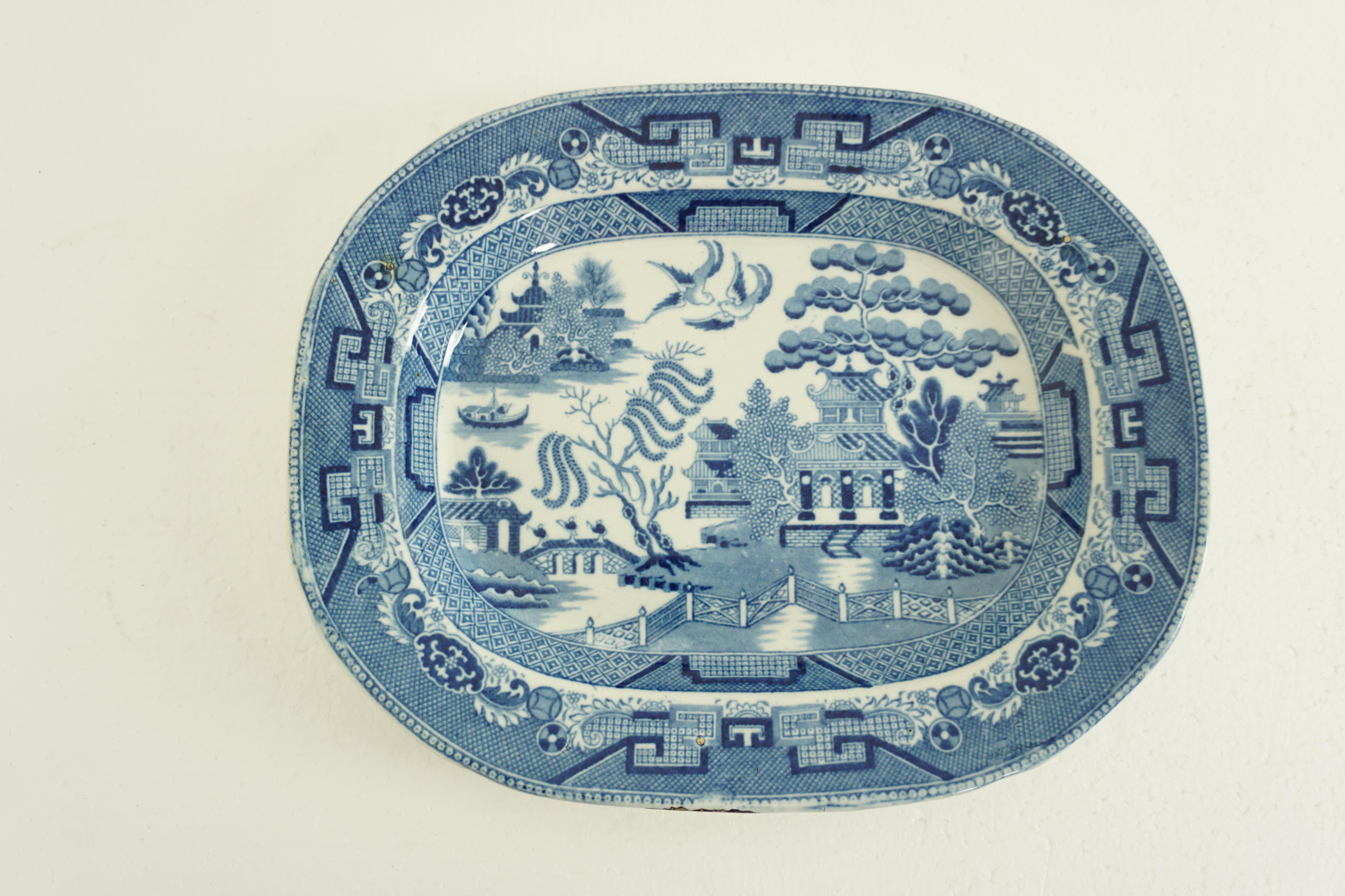 Antique blue willow platter transferware pottery, England circa 1870, 1964A 

England

circa 1870
Willow pattern design 
Long chip to side surface

$95

   

Measures: 13.5