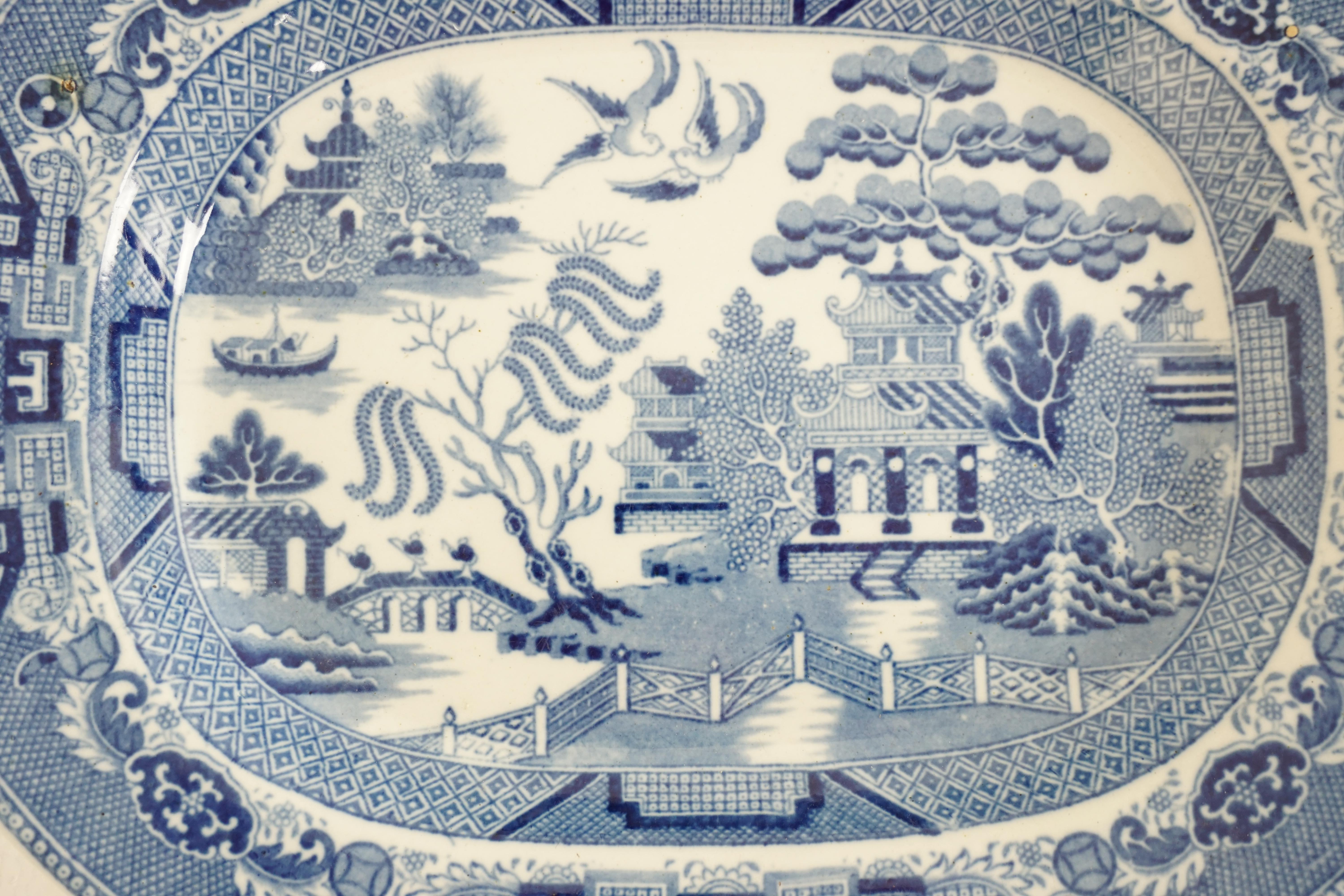 Scottish Antique Blue Willow Platter Transferware Pottery, England, circa 1870