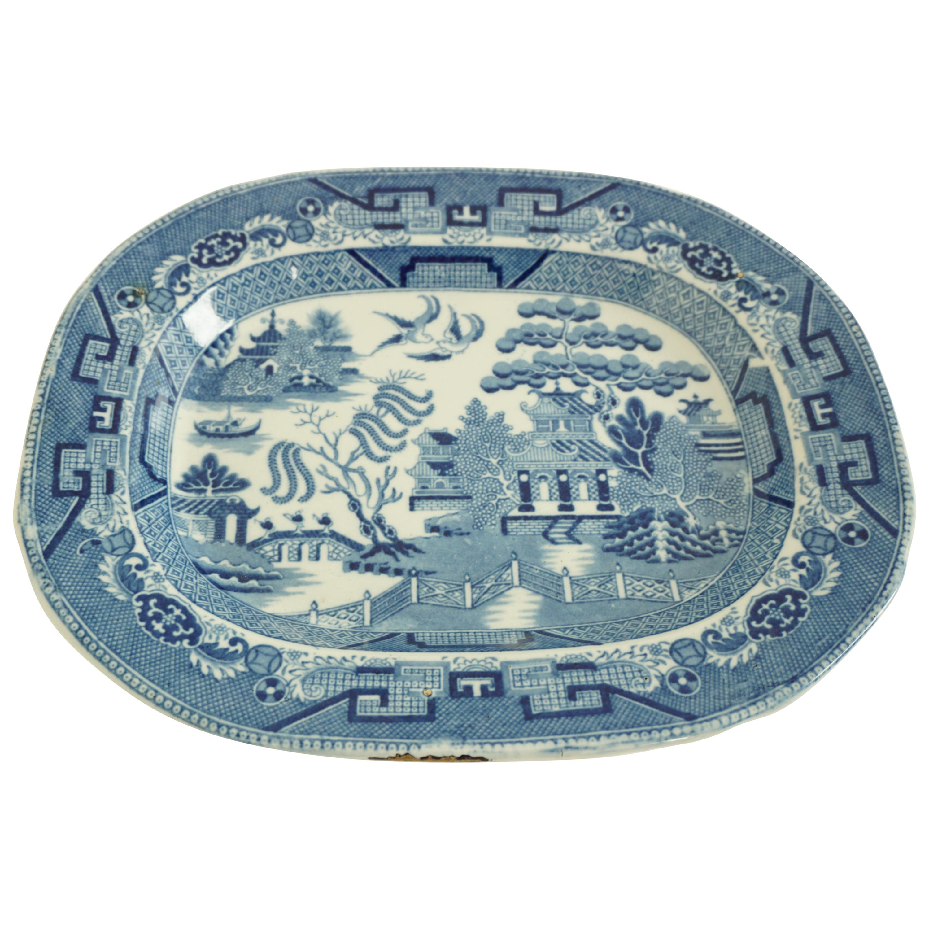 Antique Blue Willow Platter Transferware Pottery, England, circa 1870