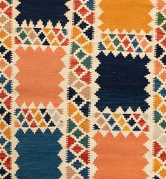 Tappeto caucasico a tessitura piana Rug & Kilim geometrico antico blu giallo quadrato a blocchi di colore