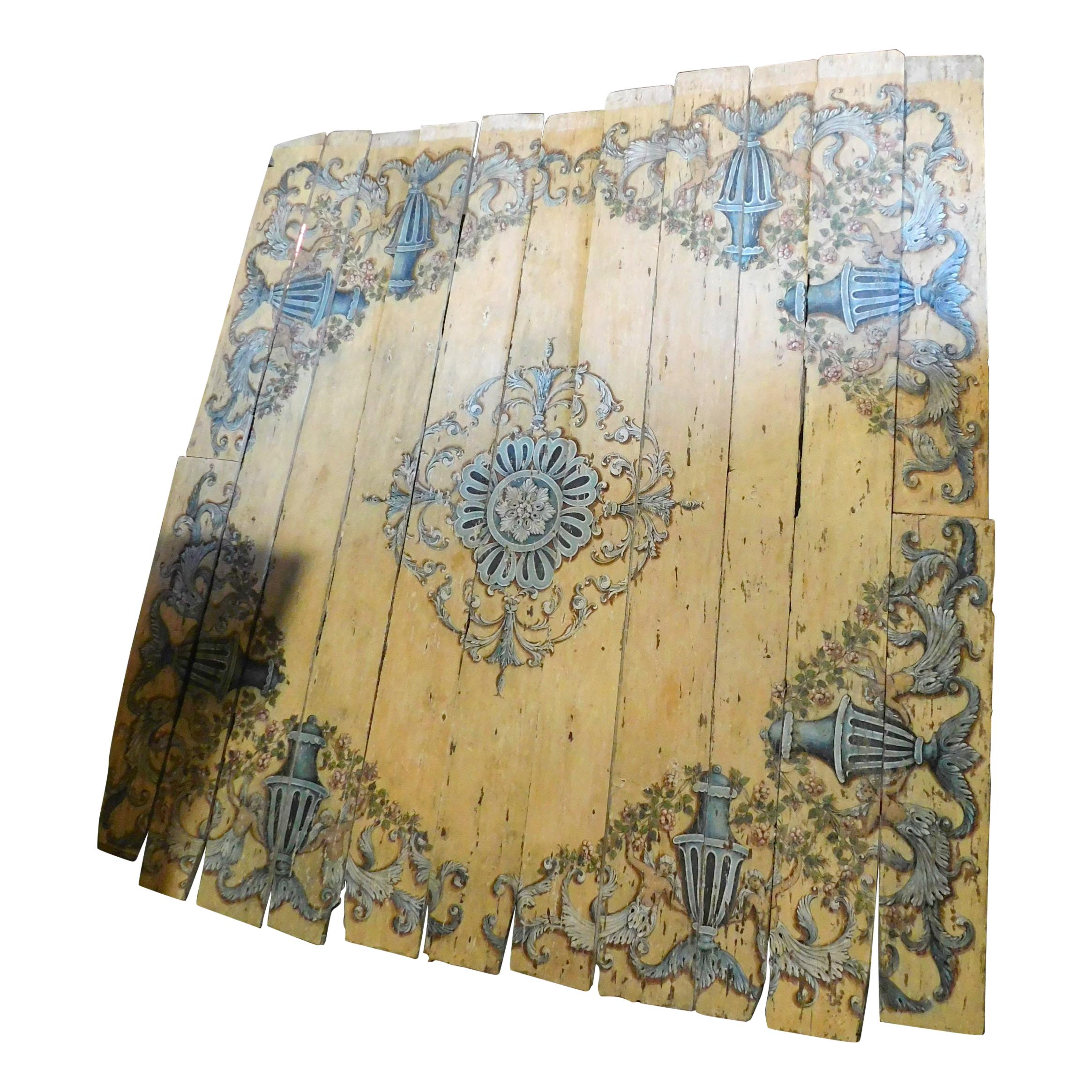 Antique Blue Yellow Hand Painted Wooden Ceiling, 1700, Italy
