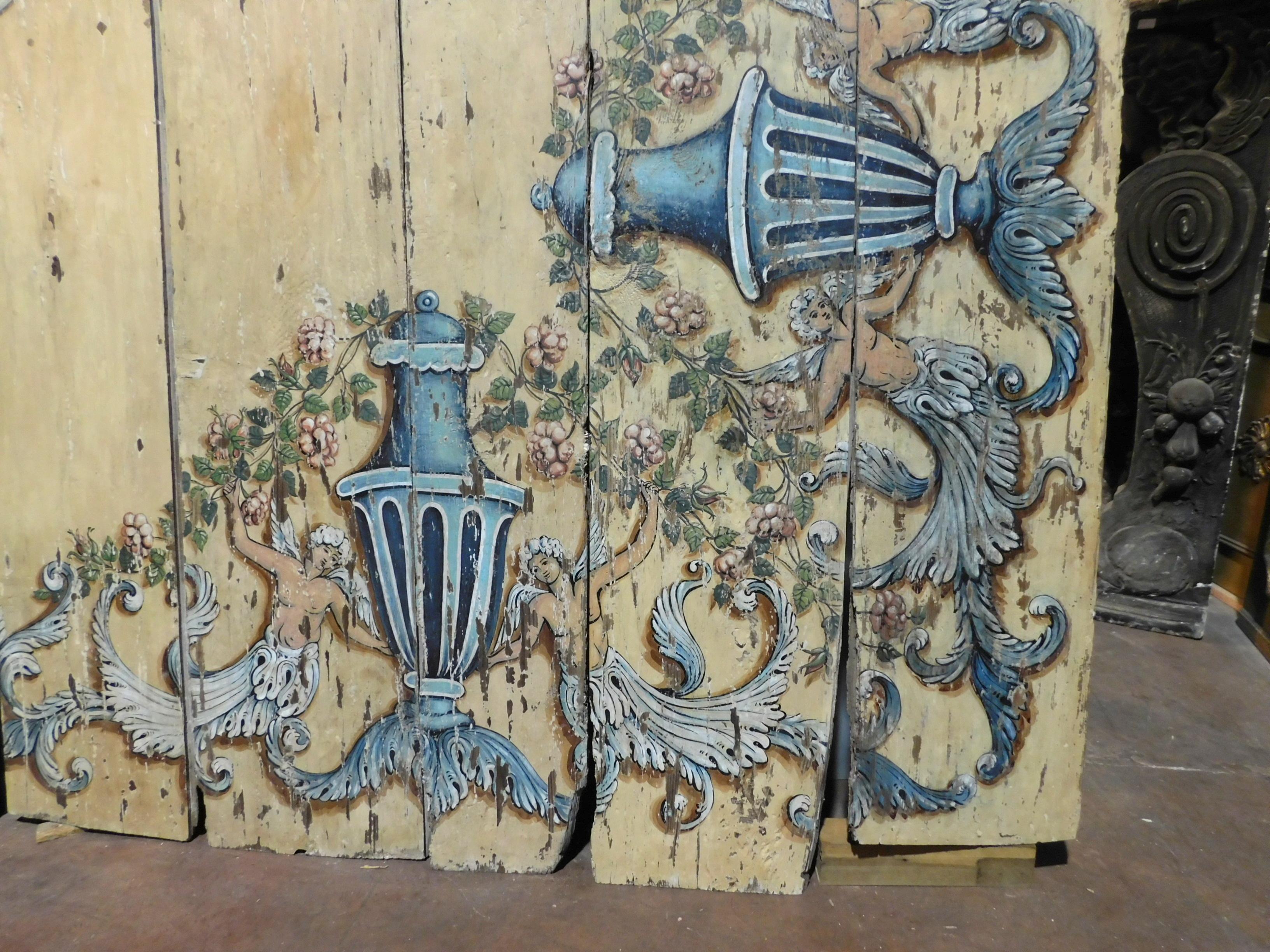 Antique Blue Yellow Hand Painted Wooden Ceiling, 1700, Italy 4