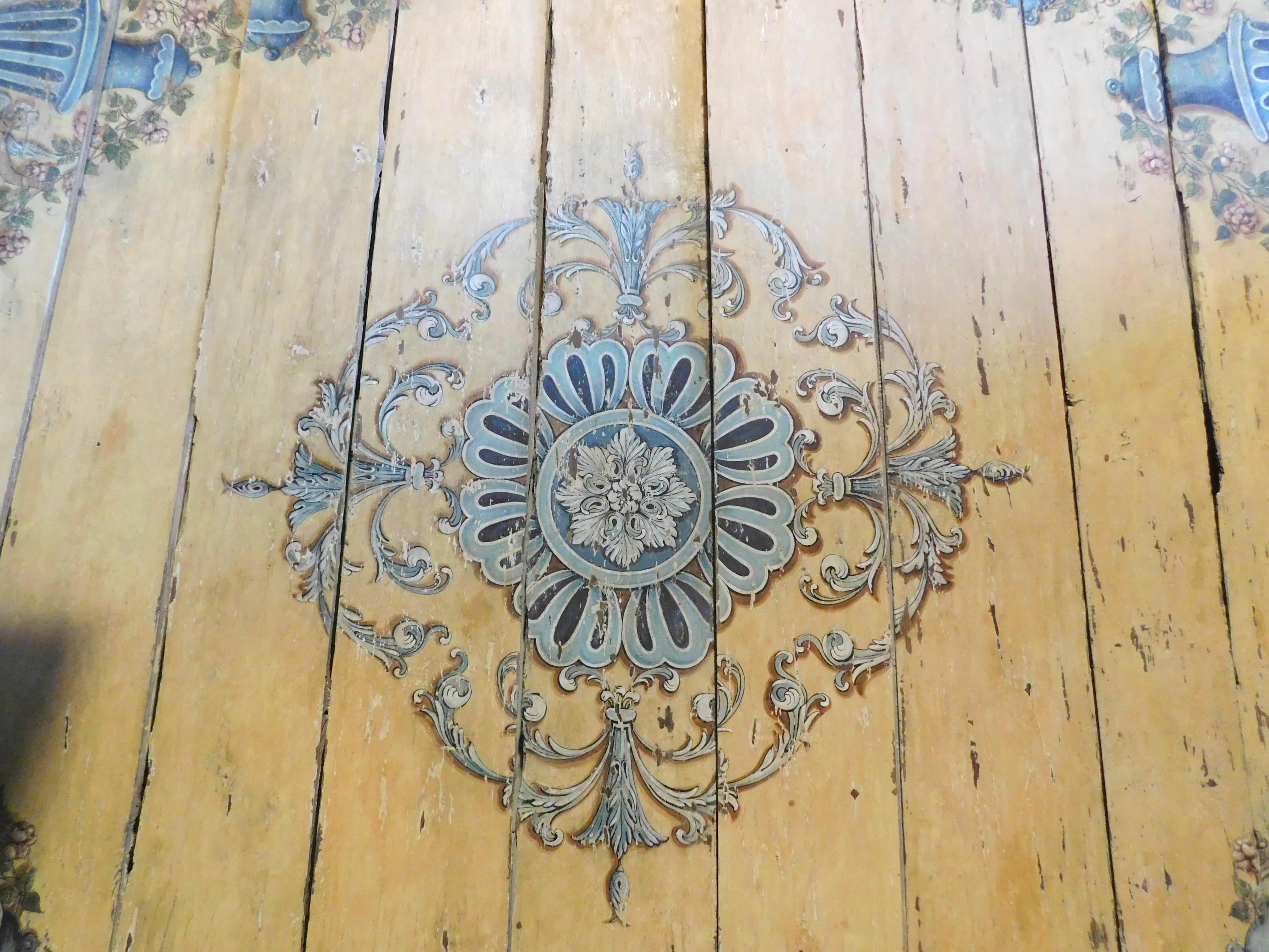 Antique Blue Yellow Hand Painted Wooden Ceiling, 1700, Italy 6