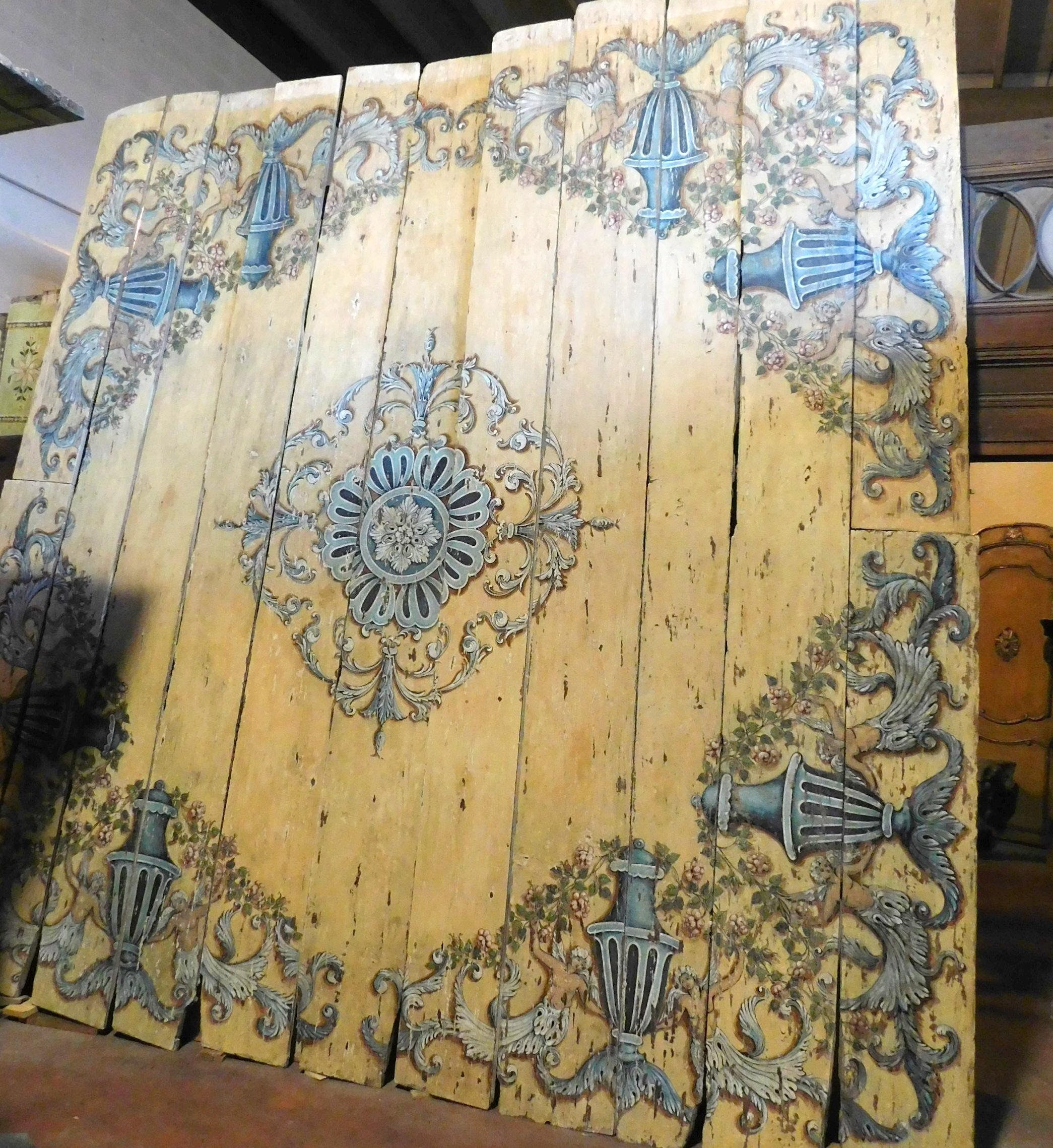 Italian Antique Blue Yellow Hand Painted Wooden Ceiling, 1700, Italy