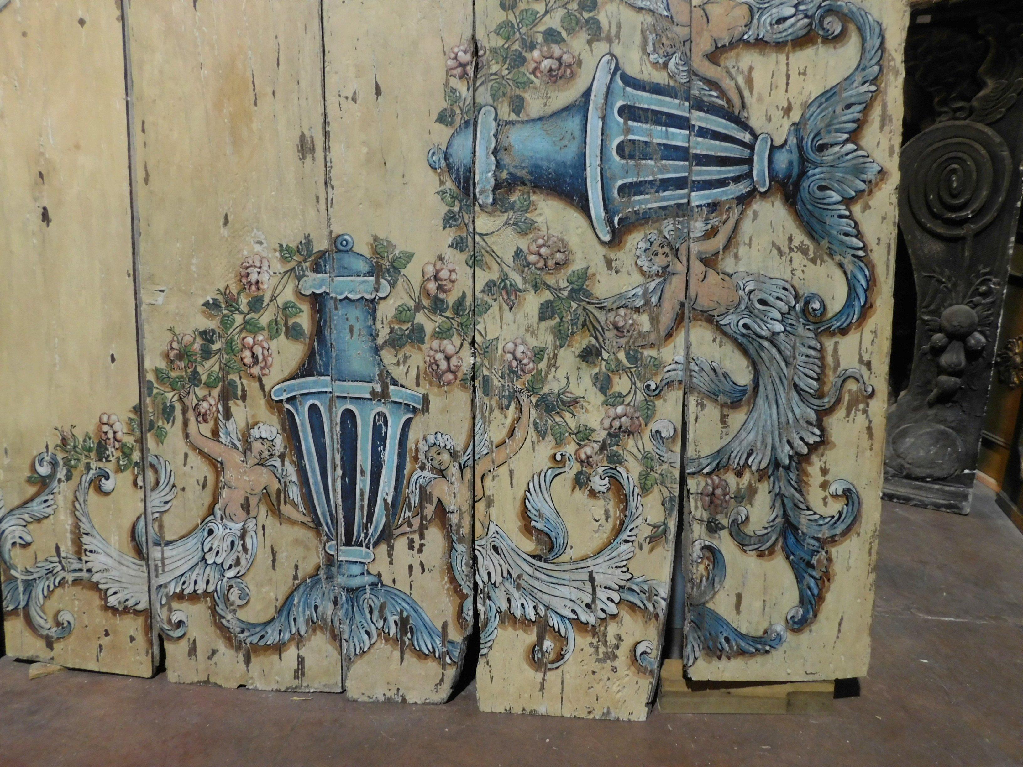 Antique Blue Yellow Hand Painted Wooden Ceiling, 1700, Italy In Good Condition In Cuneo, Italy (CN)