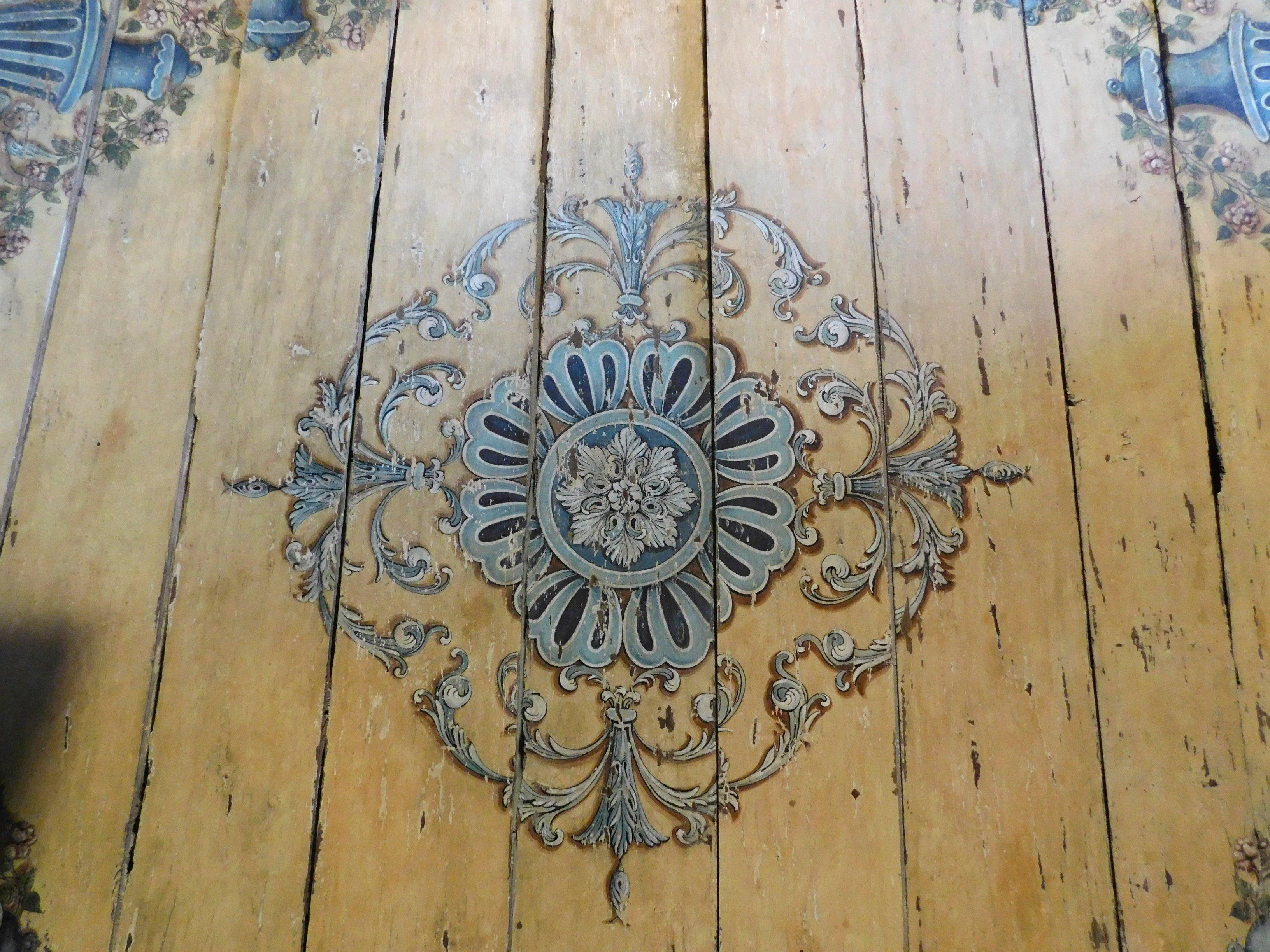 Antique Blue Yellow Hand Painted Wooden Ceiling, 1700, Italy 1