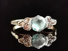 Antique Blue Zircon and Diamond Ring, 18k Gold and Platinum, Art Deco
