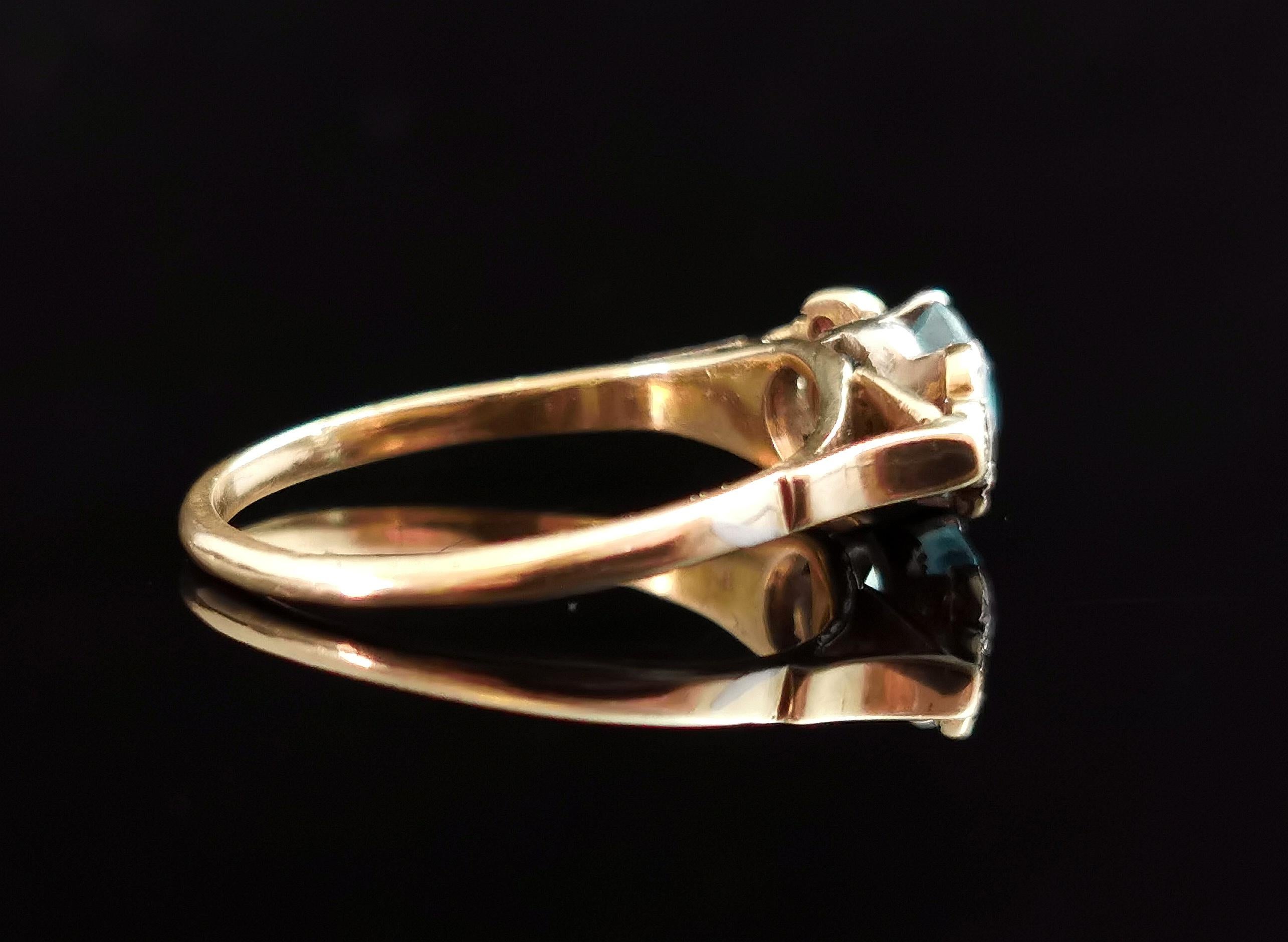Old European Cut Antique Blue Zircon and Diamond Ring, 18k Gold and Platinum, Art Deco