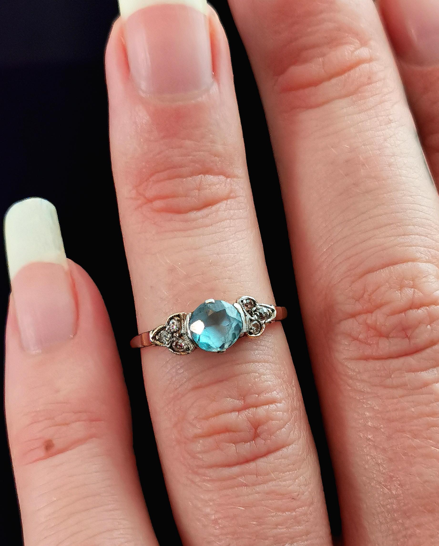 Antique Blue Zircon and Diamond Ring, 18k Gold and Platinum, Art Deco 1