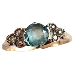 Antique Blue Zircon and Diamond Ring, 18k Gold and Platinum, Art Deco