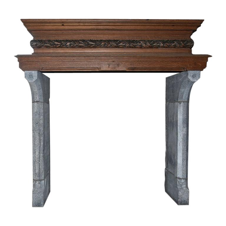 Antique Bluestone Fireplace Mantel with Wooden Mantel from the 19th Century For Sale