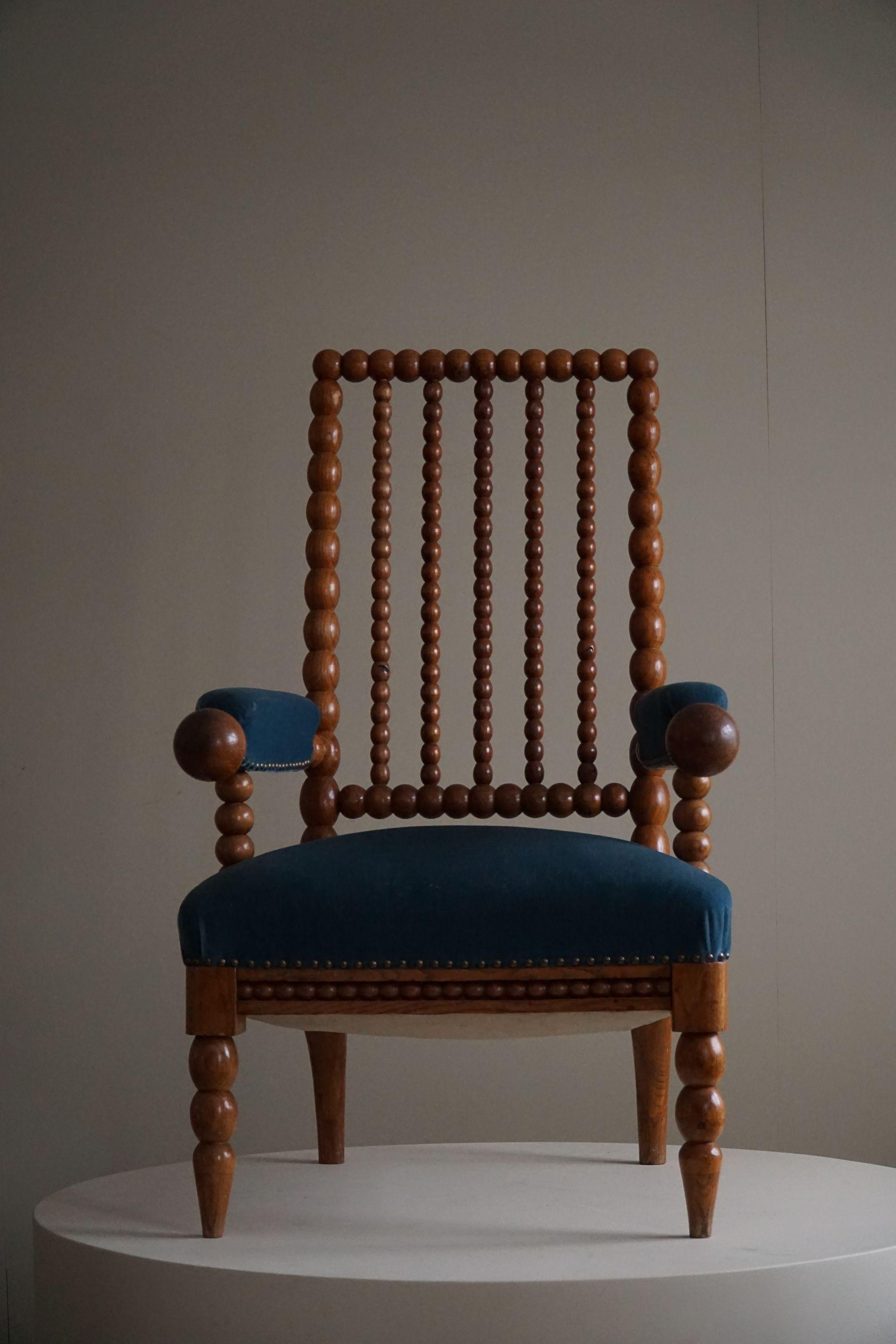 Antique Bobbin Armchair, Solid Oak & Blue Velvet, England, 19th Century 4