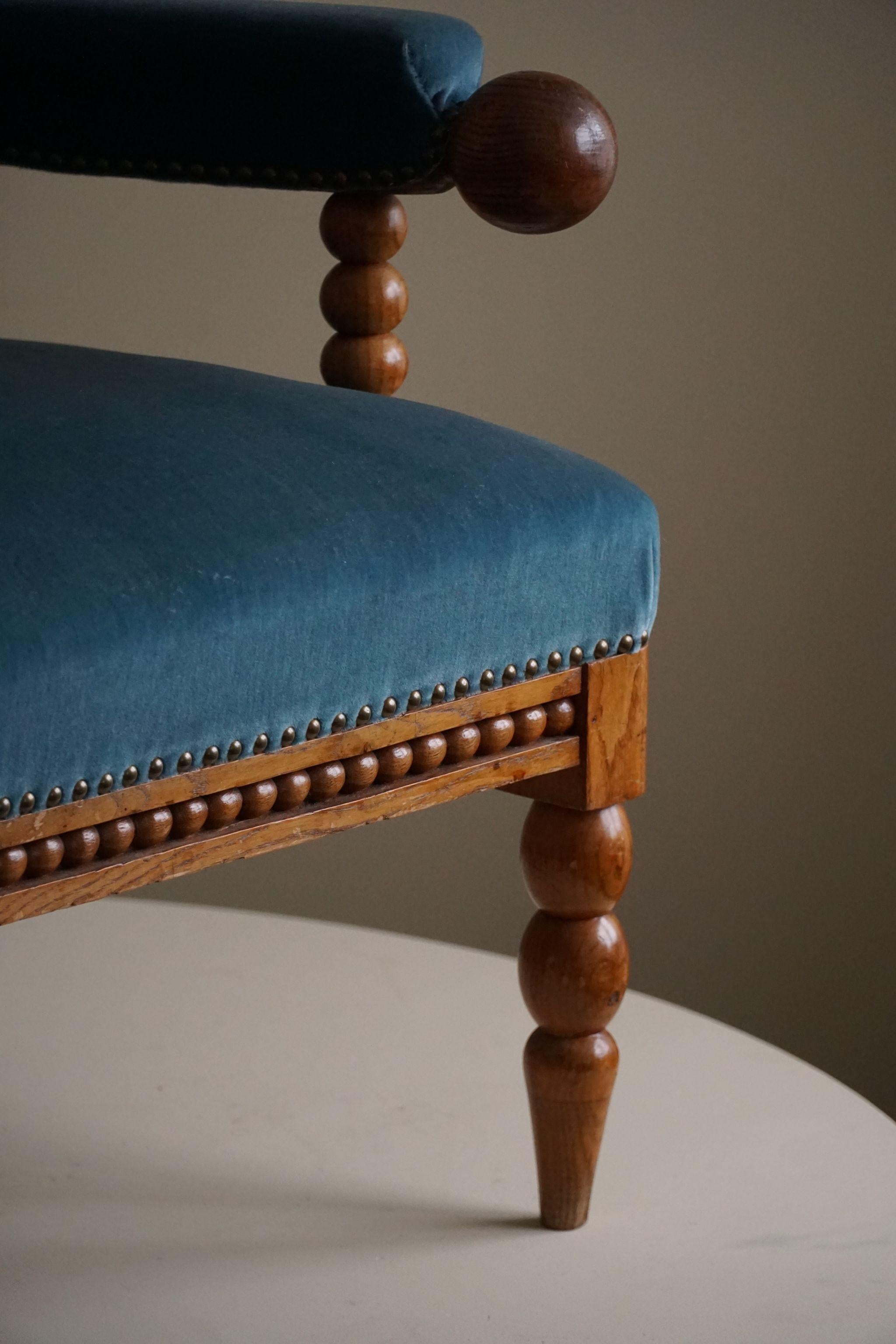 Antique Bobbin Armchair, Solid Oak & Blue Velvet, England, 19th Century 5