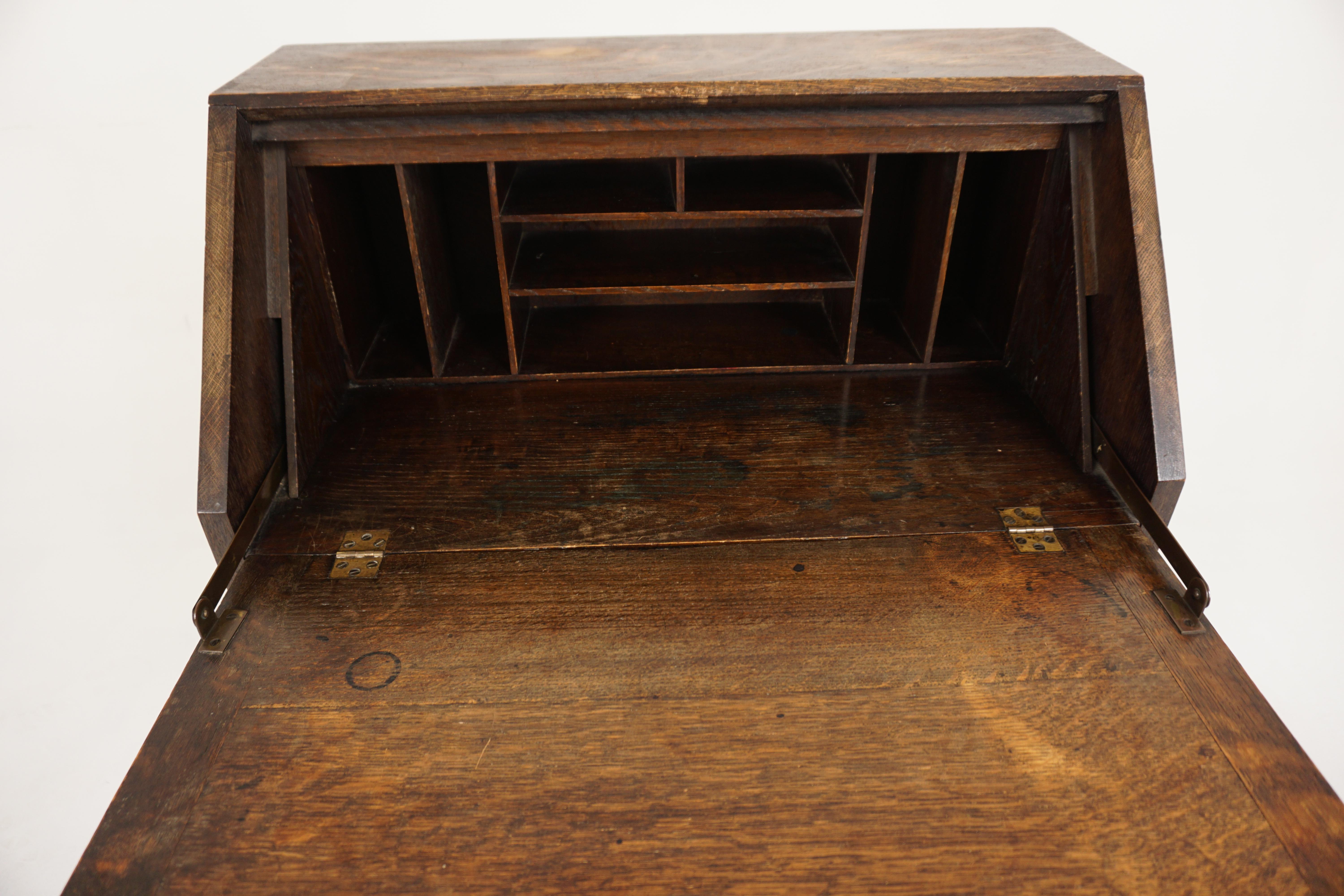 Early 20th Century Antique Bobbin Leg Tiger Oak Drop Front Desk, Slant Front, Scotland 1920, H352
