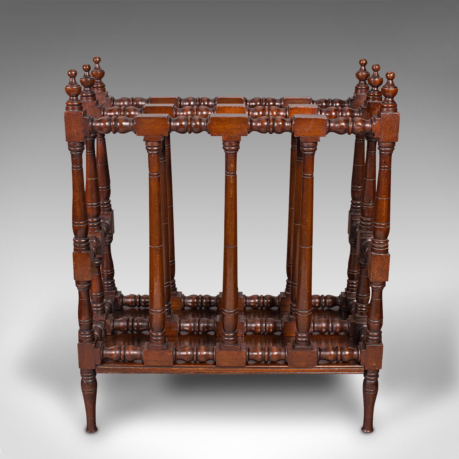 This is an antique bobbin-turned canterbury. An English, mahogany newspaper rack, dating to the Edwardian period, circa 1910.

Traditionally appealing canterbury with charming carved details
Displays a desirable aged patina and in good