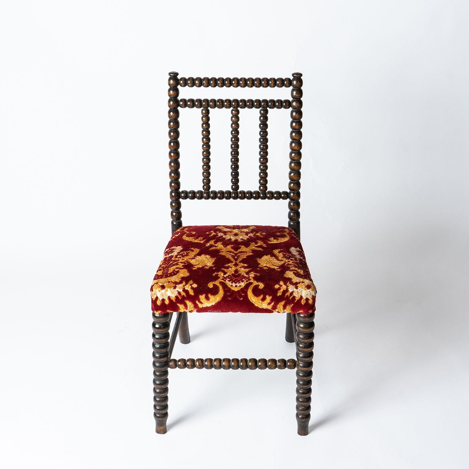 Wood Antique Bobbin Turned Chair with Red Velvet Upholstery, 19th Century
