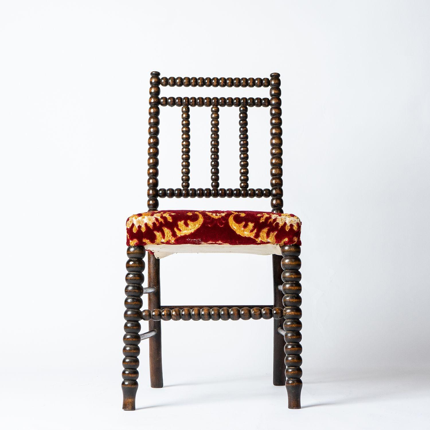 Antique Bobbin Turned Chair with Red Velvet Upholstery, 19th Century 1