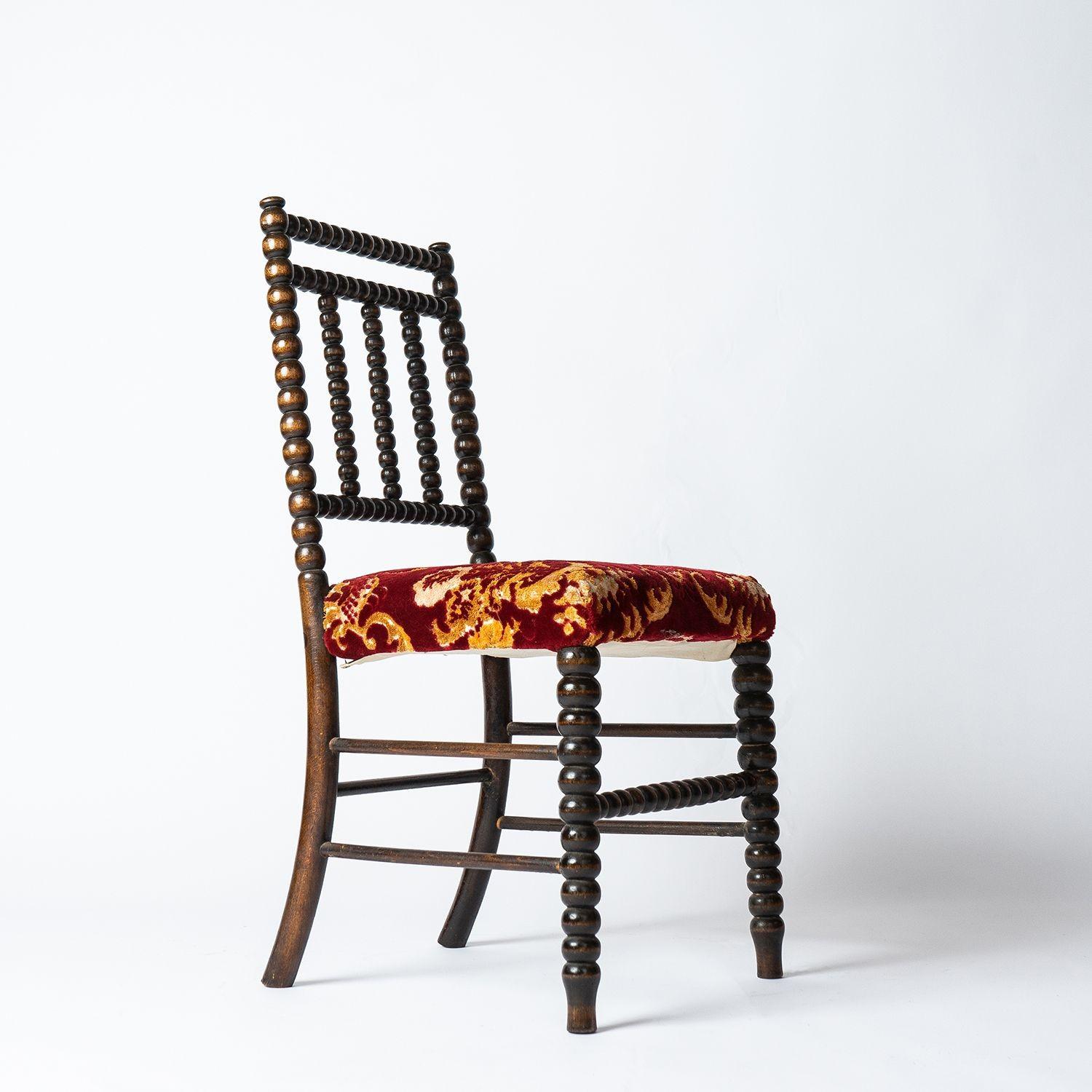 Antique Bobbin Turned Chair with Red Velvet Upholstery, 19th Century 2
