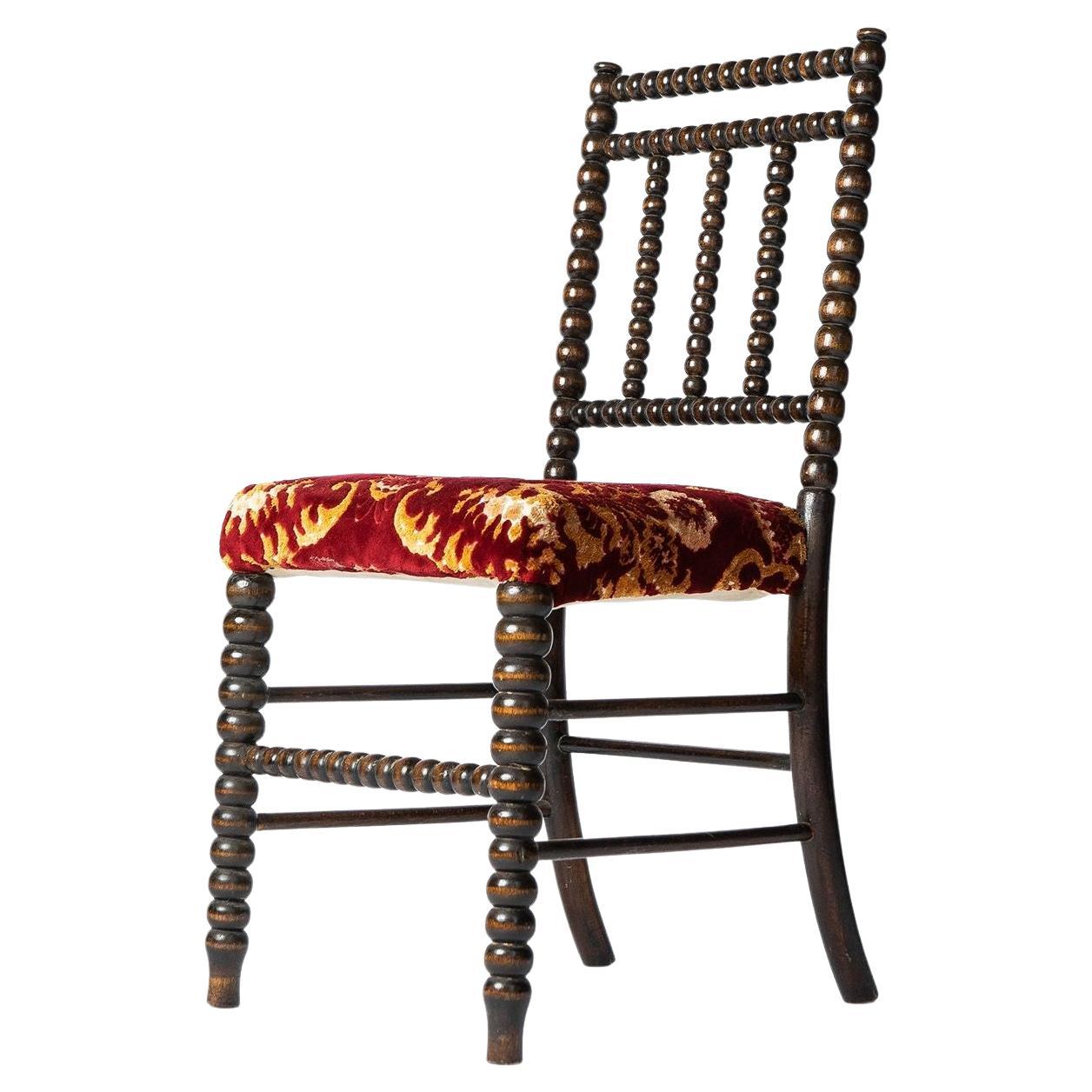 Antique Bobbin Turned Chair with Red Velvet Upholstery, 19th Century