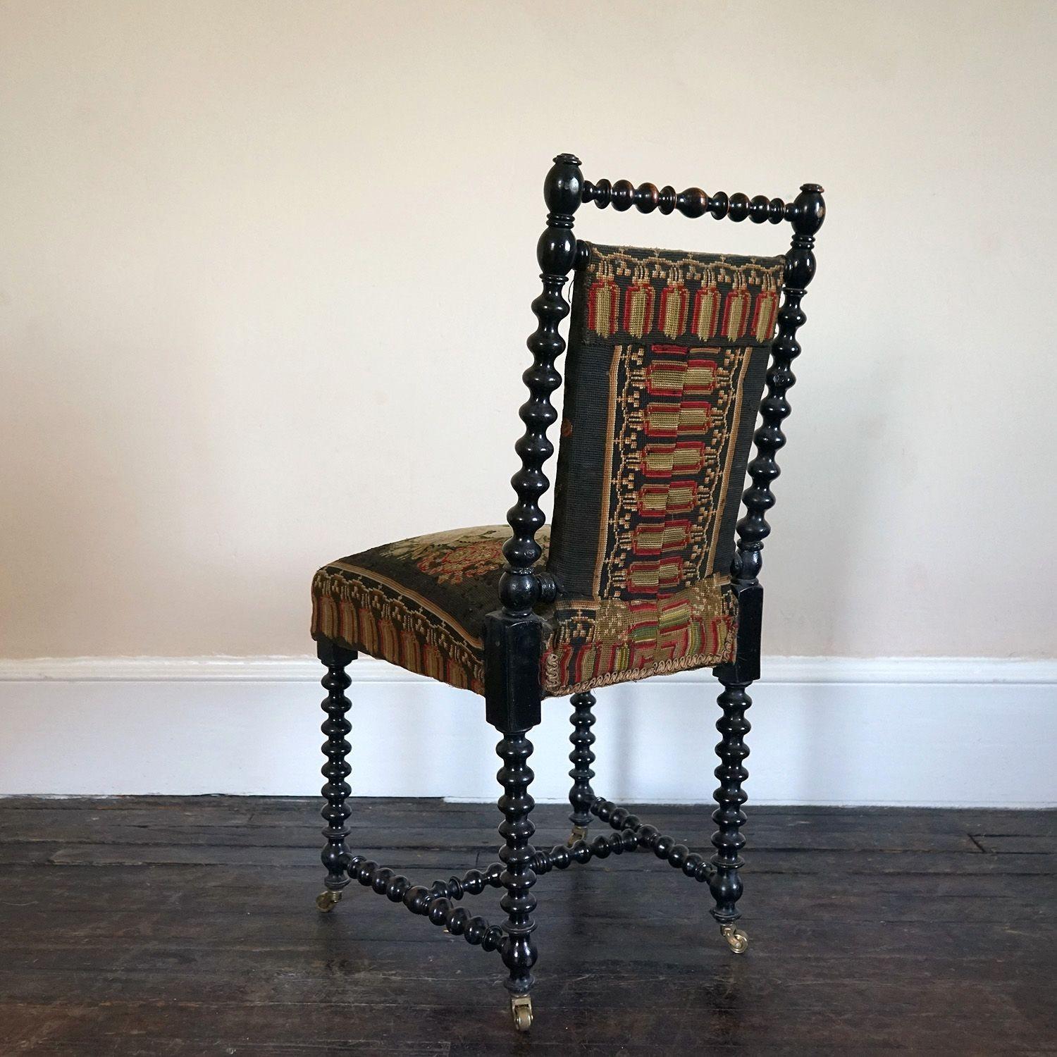 Antique Bobbin Turned Ebonised Chair with Tapestry Upholstery, 19th Century 4