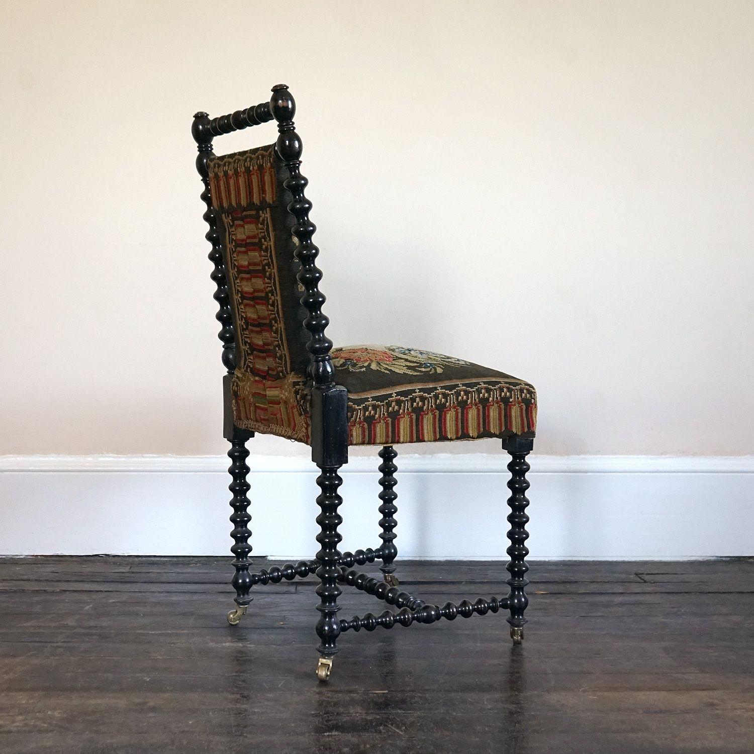 Antique Bobbin Turned Ebonised Chair with Tapestry Upholstery, 19th Century 5