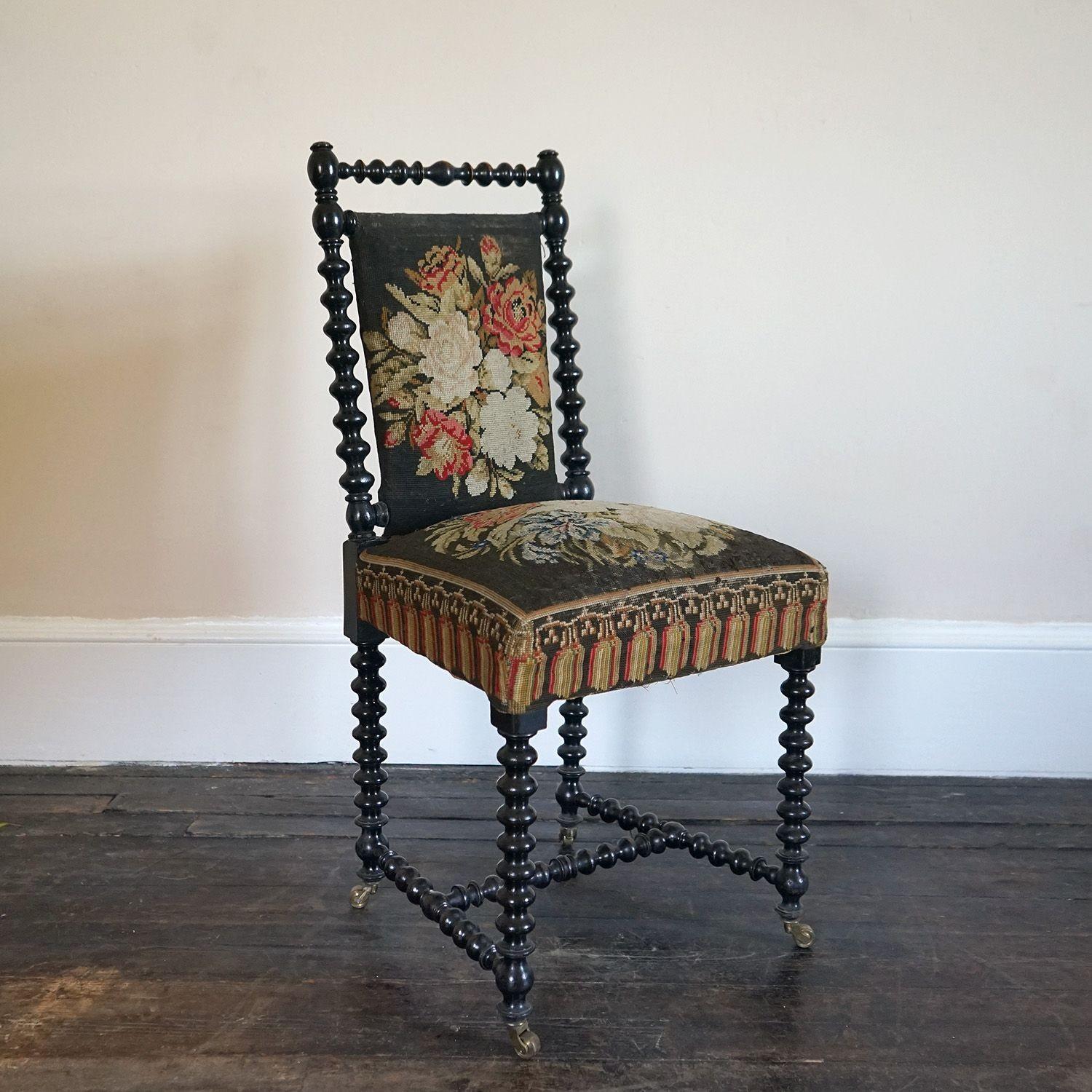 Victorian Antique Bobbin Turned Ebonised Chair with Tapestry Upholstery, 19th Century