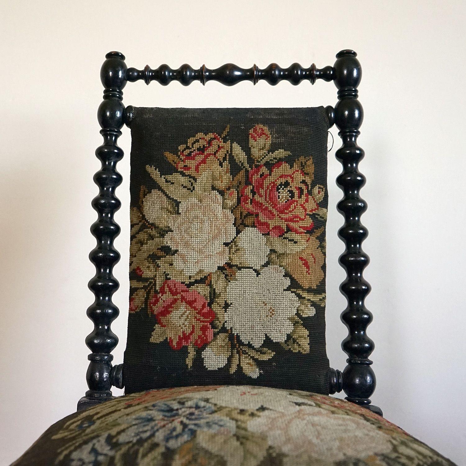 European Antique Bobbin Turned Ebonised Chair with Tapestry Upholstery, 19th Century