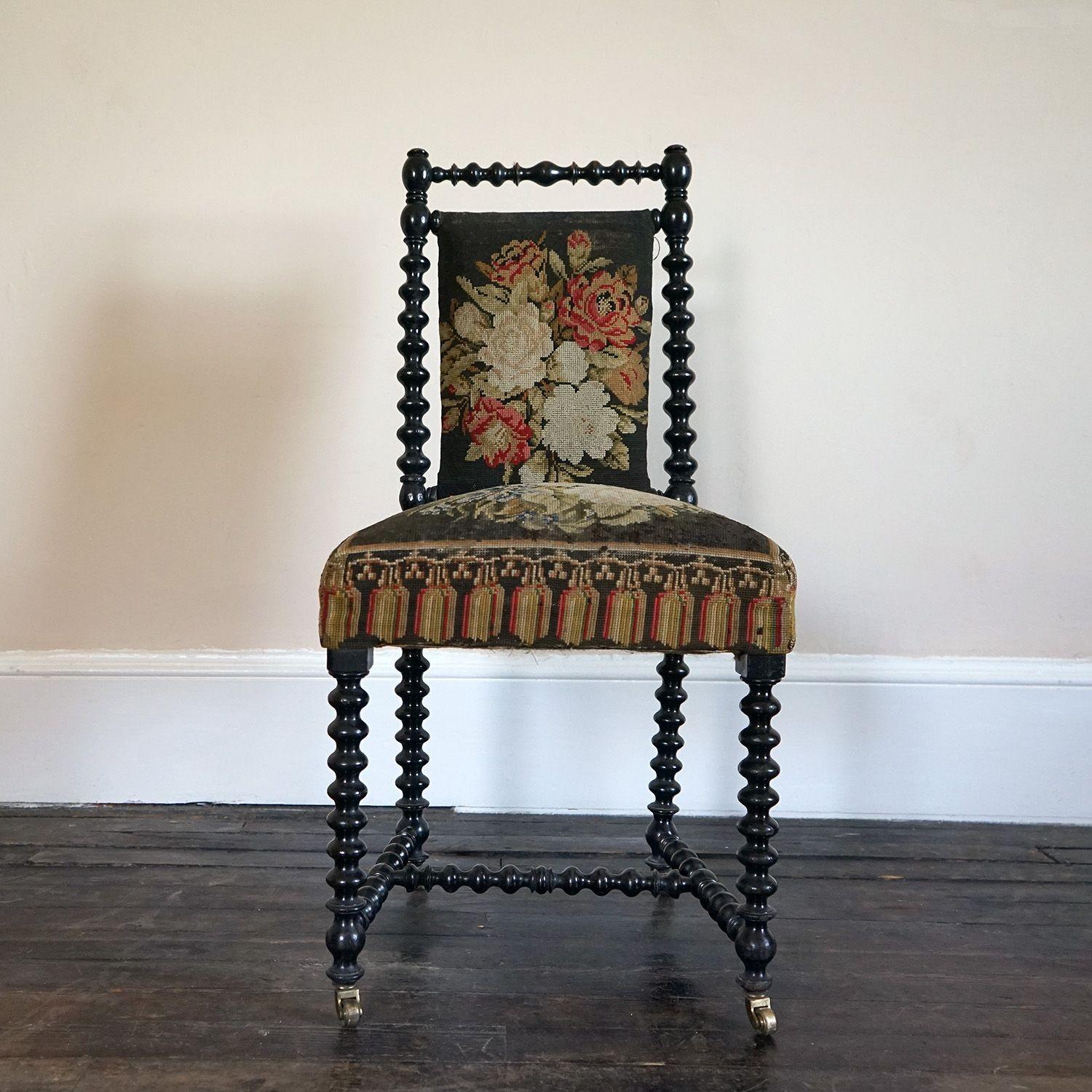 Embroidered Antique Bobbin Turned Ebonised Chair with Tapestry Upholstery, 19th Century