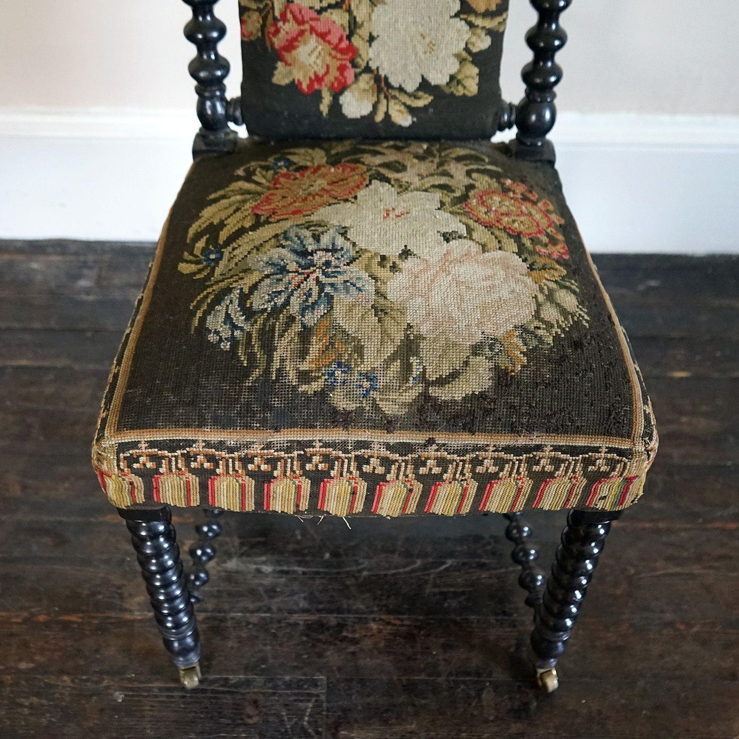 Antique Bobbin Turned Ebonised Chair with Tapestry Upholstery, 19th Century 1