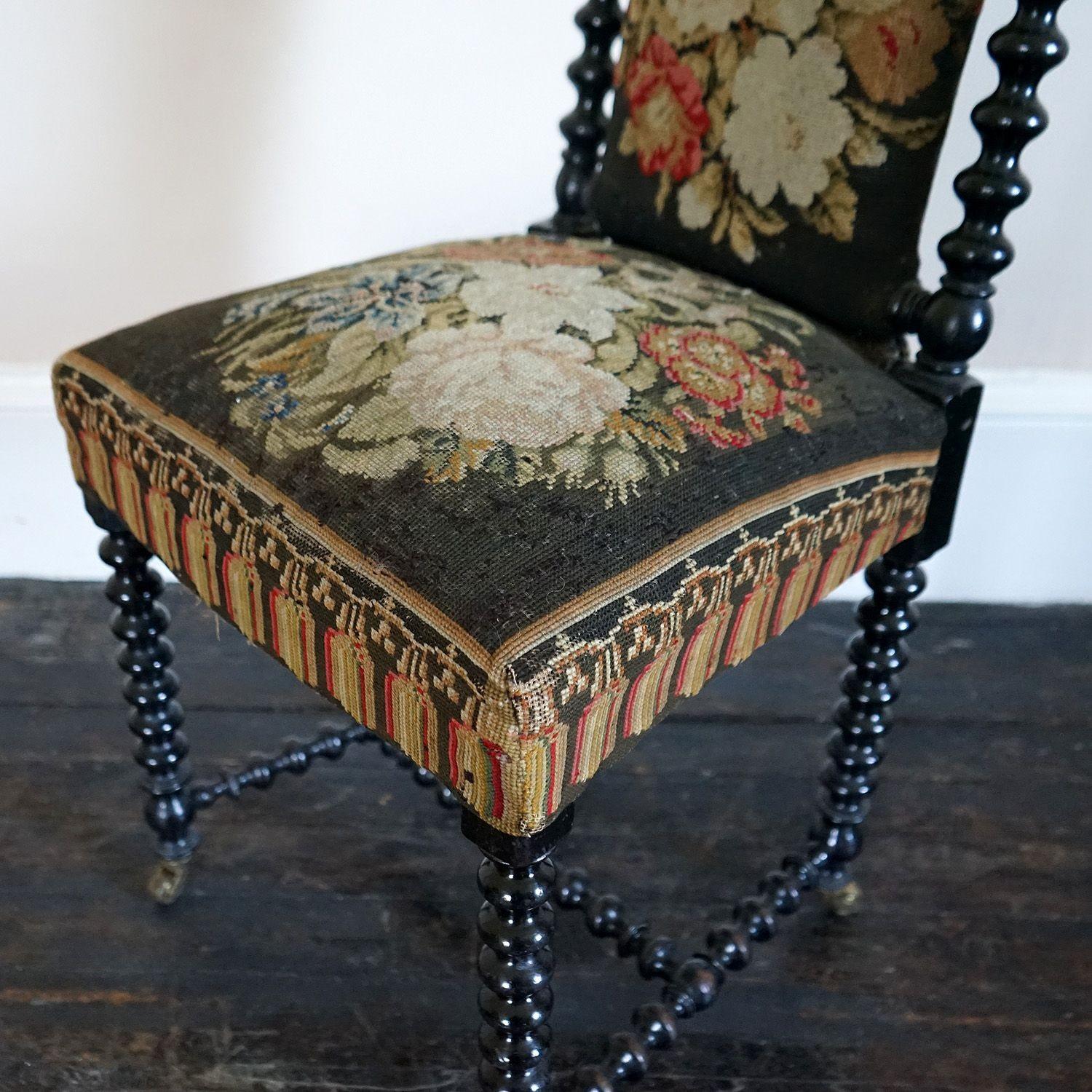 Antique Bobbin Turned Ebonised Chair with Tapestry Upholstery, 19th Century 2
