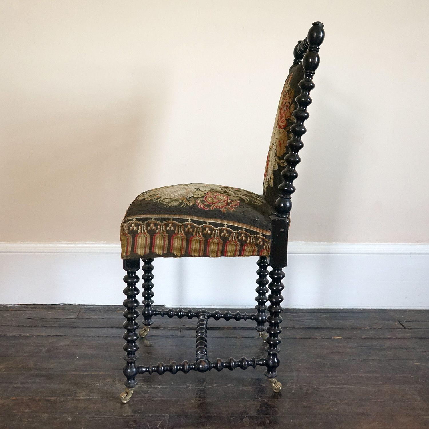 Antique Bobbin Turned Ebonised Chair with Tapestry Upholstery, 19th Century 3