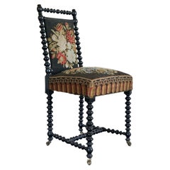 Antique Bobbin Turned Ebonised Chair with Tapestry Upholstery, 19th Century