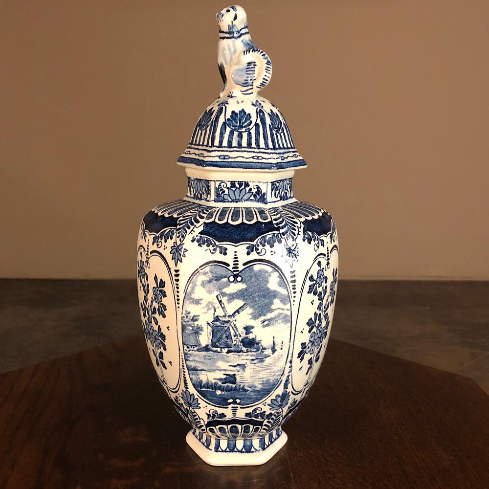 Antique Boch blue & white transferware lidded urn is a great selection for your interior decorating! Adding a touch of color, it can stand alone as a visually appealing element, or with the lid off it can be filled with fresh flowers or a permanent