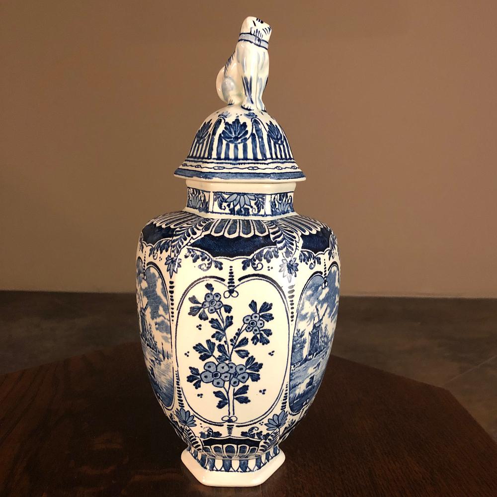 Hand-Crafted Antique Boch Blue & White Transferware Lidded Urn