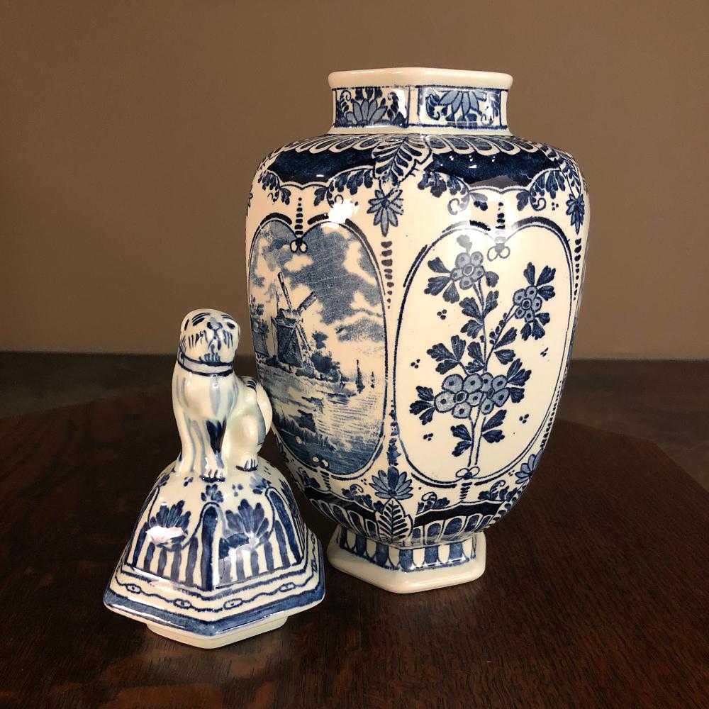 Porcelain Antique Boch Blue & White Transferware Lidded Urn